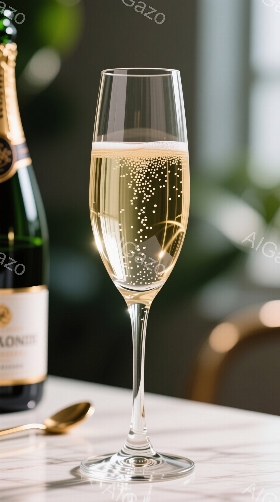シャンパンがグラスに注がれており、泡が立ち上っている様子が捉えられています。グラスはエレガントな形状で、背景にはぼやけたシャンパンボトルとゴールドのスプーンが見え、大理石のようなテーブルの上に置かれています。全体的に高級感があり、お祝いの雰囲気を醸し出しています。