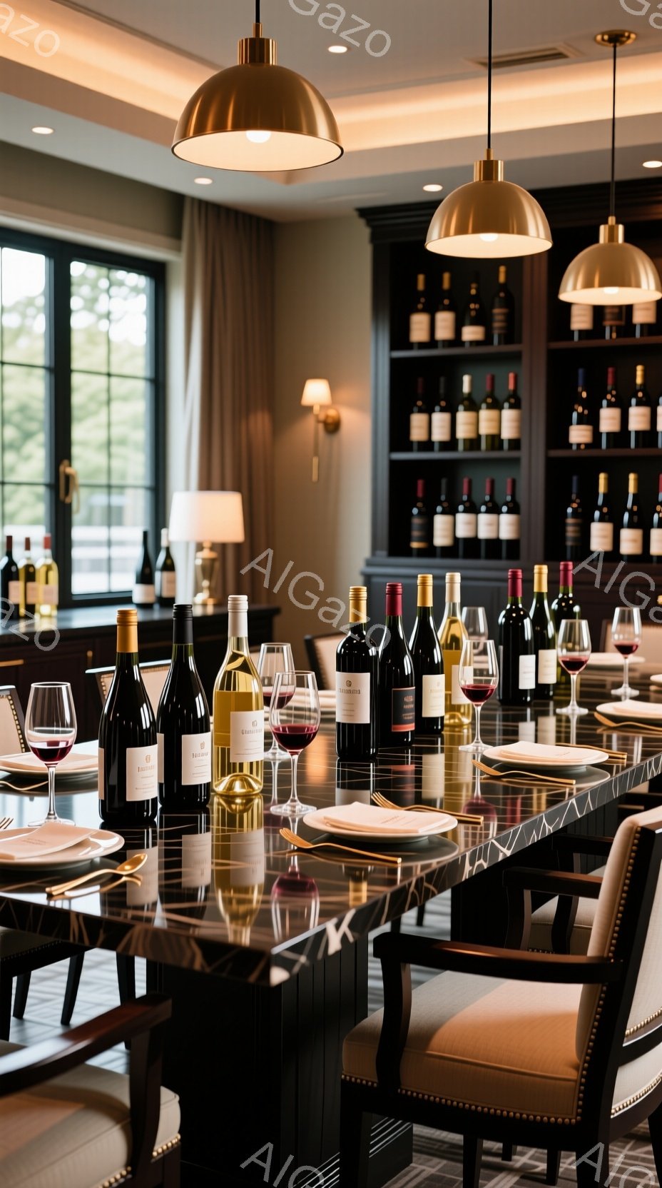 ダイニングルームのテーブルには、赤ワインと白ワインのボトルが並べられ、グラスが置かれています。背景にはワインが並んだ棚があり、落ち着いた照明がテーブルとワイン棚を照らしています。全体的に高級感があり、落ち着いた大人の雰囲気を感じさせる空間です。