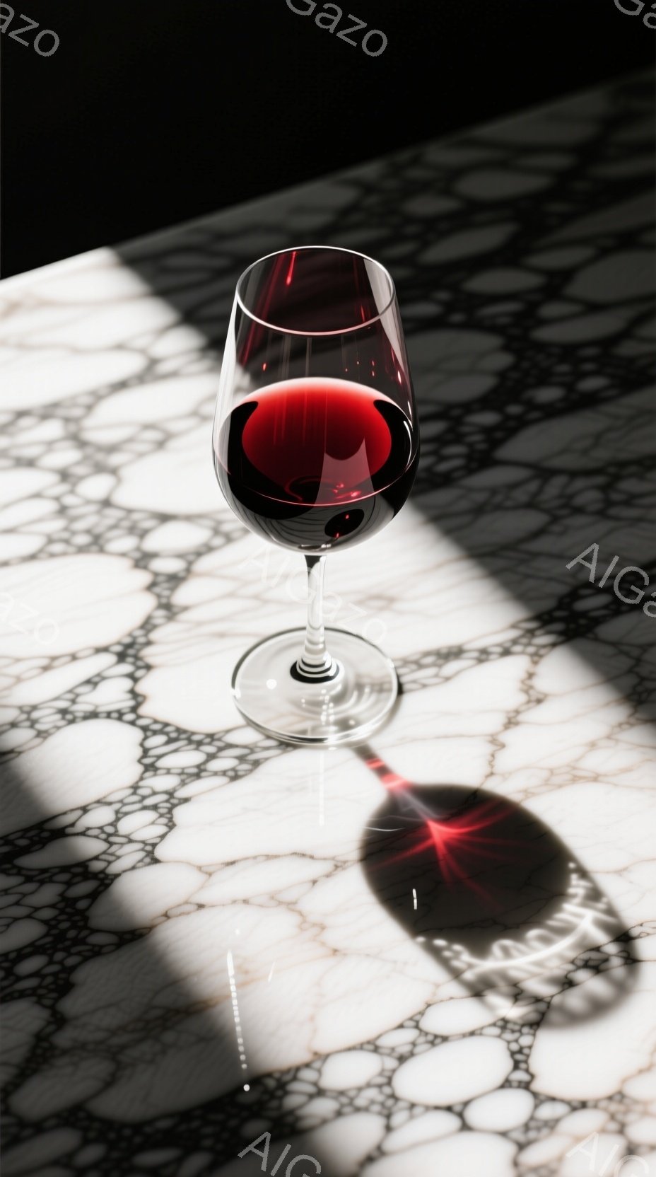 白い大理石のような背景に、赤ワインが満たされたワイングラスが置かれています。強い光がグラスの影を長く伸ばし、グラスの縁に沿って光が反射して輝きを増しています。全体的に、洗練された雰囲気で、高級感と静寂 - AI生成フリー素材