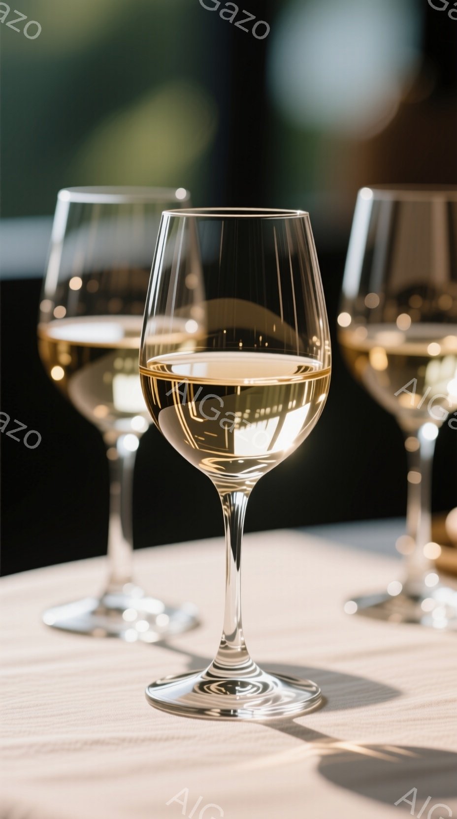 テーブルの上には、白ワインが入ったワイングラスが複数並んでいます。グラスは透明で、ワインの淡い黄色が美しいコントラストを生み出しています。背景はぼやけており、落ち着いた雰囲気で、洗練されたレストランやバーのような空間を連想させます。