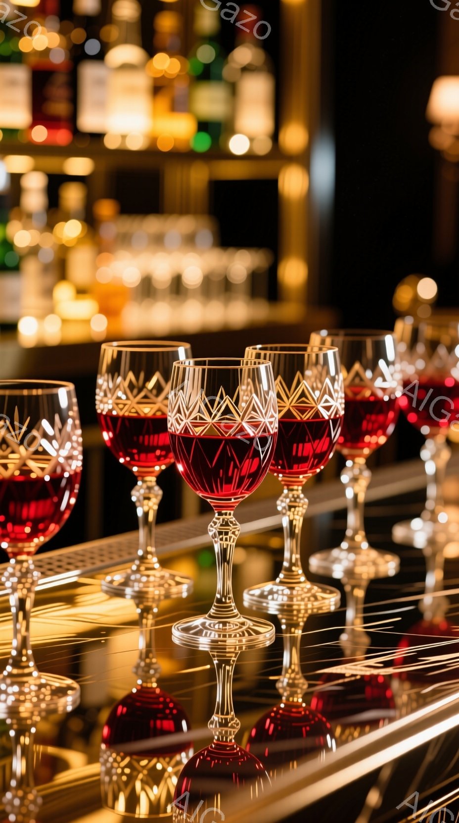 深紅のワインが、精巧なカットが施されたグラスに注がれており、光を反射して輝いている。グラスは鏡面のようなカウンターの上に整然と並べられ、その下にはグラスの影が鮮やかに映り込んでいる。背景にはぼんやりと酒瓶が見え、高級感と落ち着いた雰囲気が漂うバーカウンターの様子を表している。