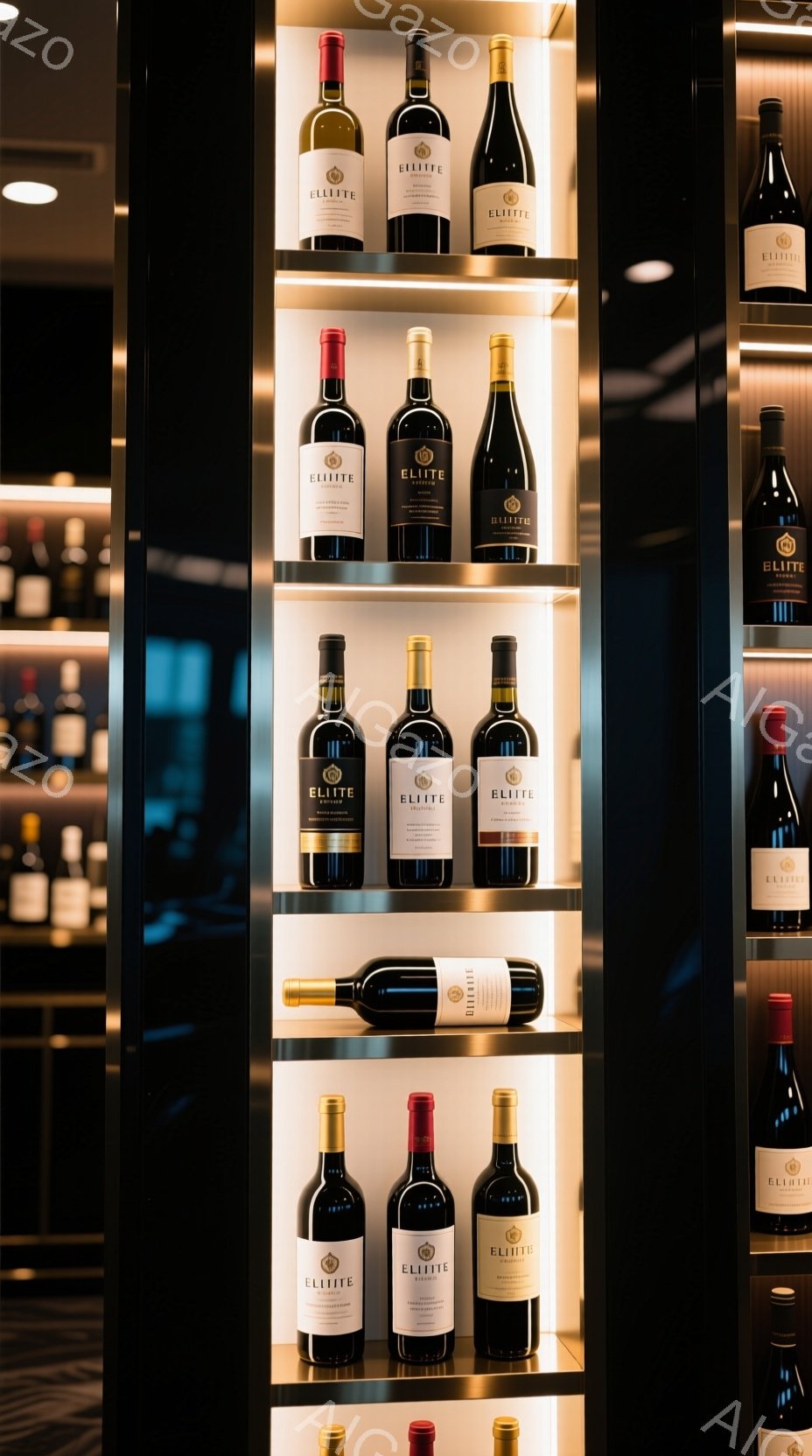 画像は、ワインセラーのような空間で、さまざまな種類のワインボトルが整然と並べられた様子を捉えています。ボトルは垂直方向に並んでおり、ラベルには「Elite」と書かれています。暗い背景と暖色系の照明により、高級感と落ち着いた雰囲気が強調されています。