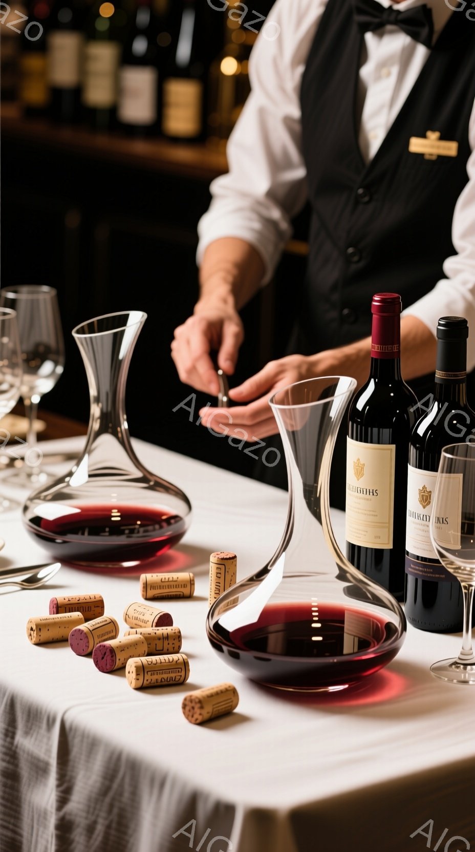 白いテーブルクロスの上にワインボトルとワイングラス、コルクが並べられています。ボトルは「Château Margaux」とラベルが確認でき、ワインがグラスに注がれる瞬間を捉えた構図です。全体的に落ち着いた照明とワインの色合いが、高級感と洗練された雰囲気を醸し出しています。