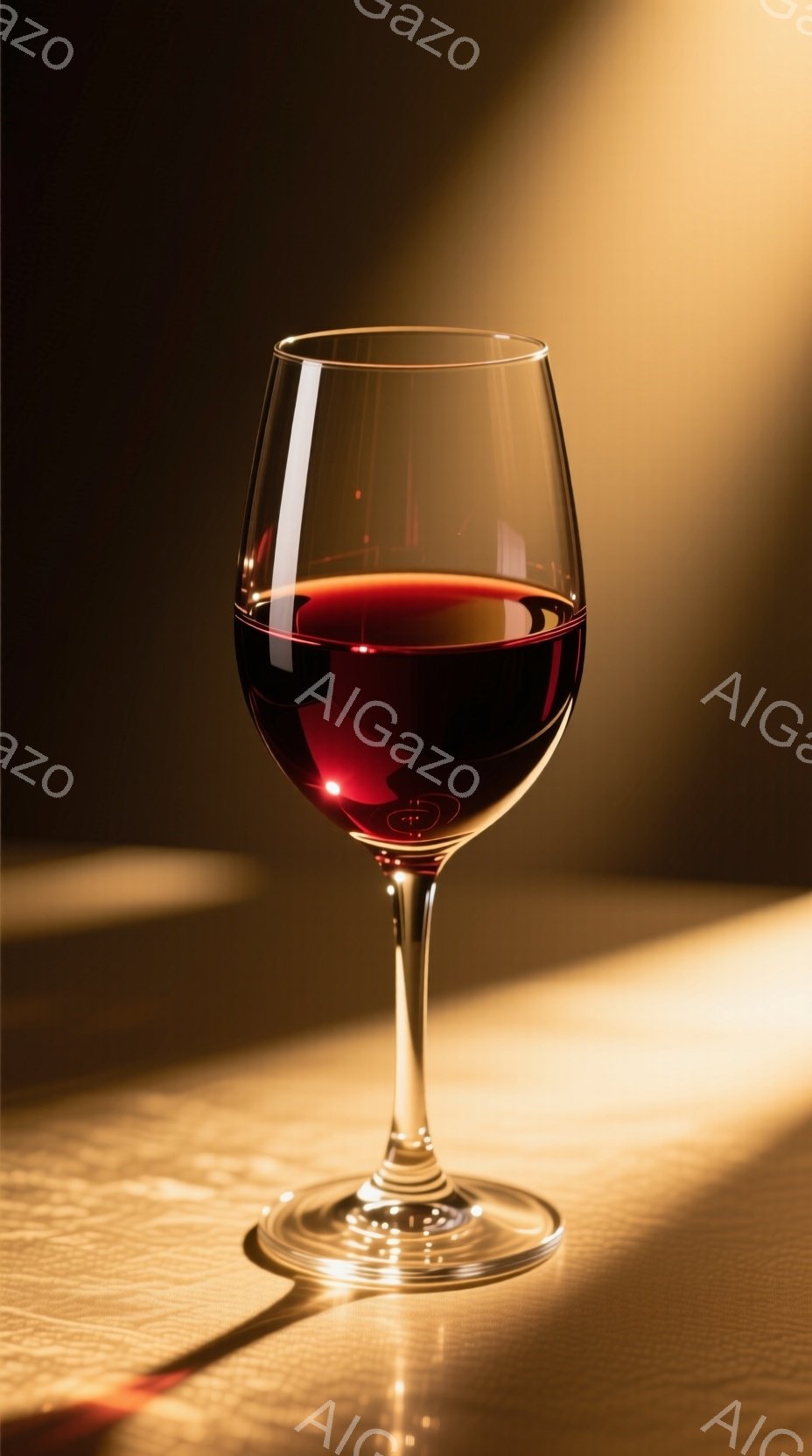 赤ワインが注がれたグラスが、茶色のテーブルの上に置かれている。強い光がグラスとテーブルに当たり、鮮やかな影を作り出している。全体的に暖かく、落ち着いた雰囲気で、ワインの豊かな色合いが際立っている。 - AI生成フリー素材