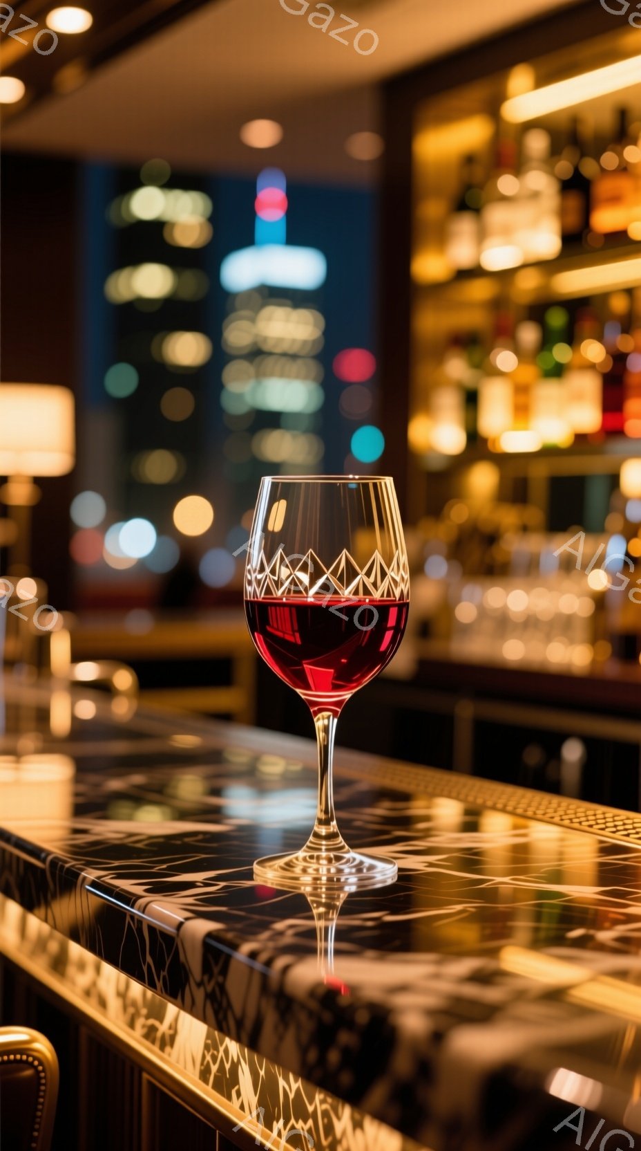 赤ワインが美しいワイングラスに満たされ、磨き上げられた大理石のようなバーカウンターの上に置かれています。背景にはぼやけた都市の夜景が広がり、カウンター上の反射がワイングラスの繊細なデザインを際立たせて - AI生成フリー素材