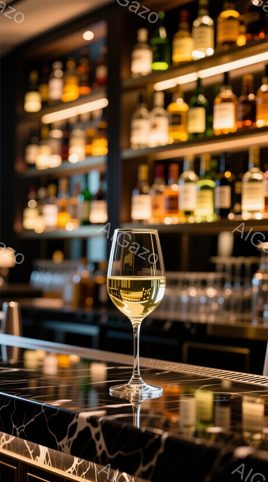 白ワインが一杯、黒い大理石のようなカウンターの上に置かれています。背景には様々な種類のボトルが並んだバーカウンターがあり、ぼやけた光が暖かく、洗練された雰囲気を醸し出しています。ワイングラスに映る背景の光が、その液体をさらに輝かせ、優雅さと落ち着きのある空間を表現しています。