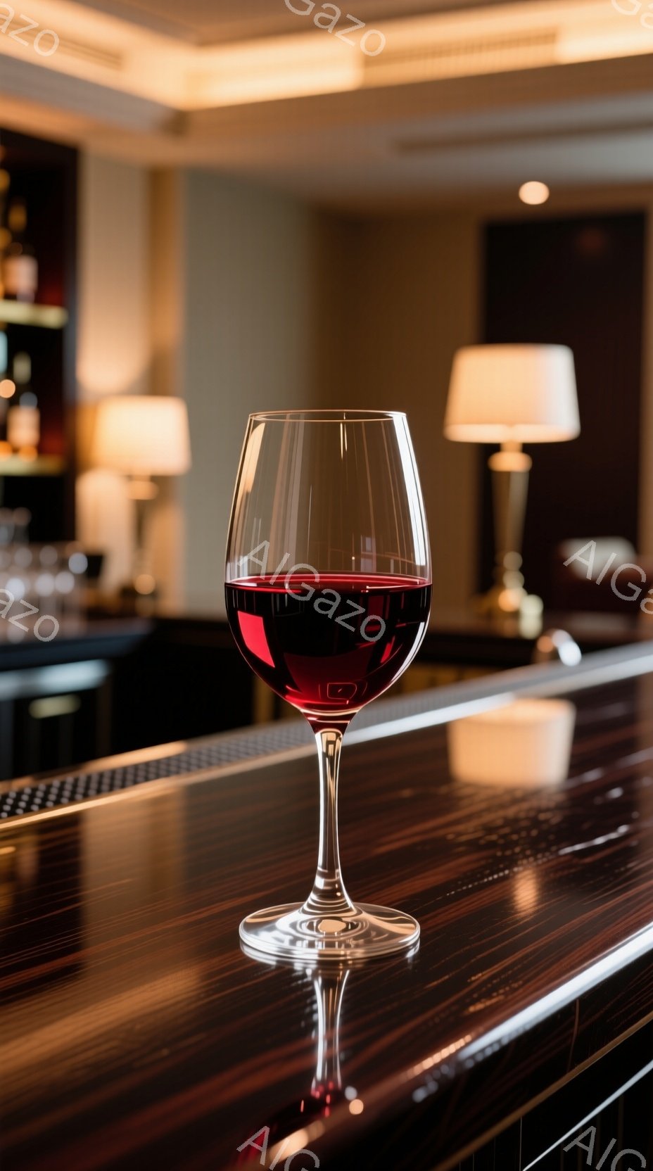 赤ワインが注がれたワイングラスが、磨き上げられた濃い木目のカウンターの上に置かれている。背景にはぼんやりとバーカウンターと、暖色のテーブルランプが見え、落ち着いた大人の雰囲気を感じさせる。カウンターの表面にはワイングラスが反射し、光沢が際立っている。