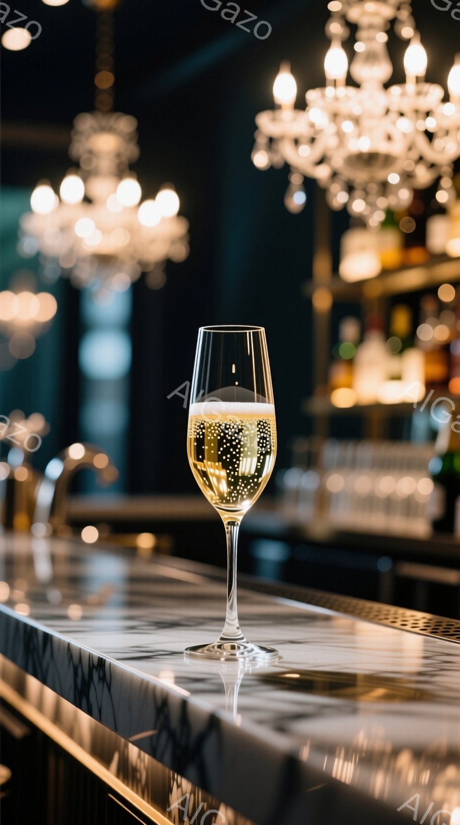 白ワインがグラスに注がれており、気泡が立ち上っている様子が捉えられています。グラスは、大理石のような模様のカウンターに置かれており、背景にはぼやけたバーカウンターとシャンデリアが見えます。 全体的に、洗練された、落ち着いた雰囲気のバーの様子が表現されています。