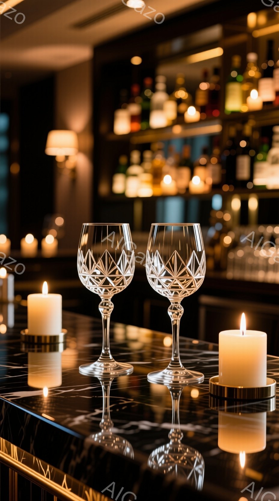 光沢のある黒いテーブルの上に、繊細なカットが施されたワイングラスが2つ並べられています。周囲には、点灯したキャンドルが配置され、キャンドルの光がテーブルの表面に反射して、暖かくロマンチックな雰囲気を醸し出しています。背景には、ぼやけたバーカウンターと様々なボトルが並び、落ち着いた大人の空間を思わせます。