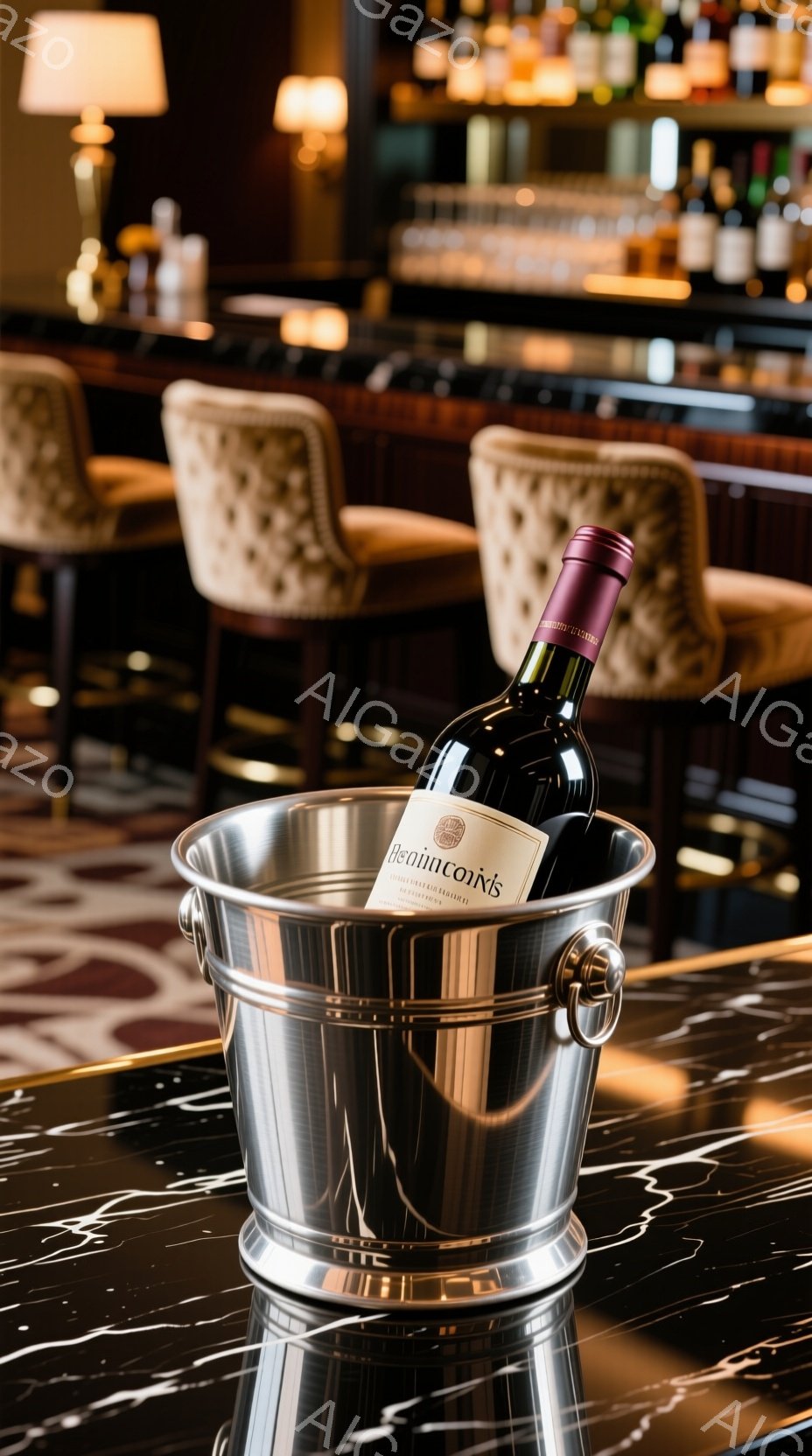 画像には、磨かれた黒の大理石のカウンターの上に置かれた銀色のワインクーラーと赤ワインのボトルが写っています。背景には、バーカウンターといくつかの椅子が見え、薄暗い照明が高級感を醸し出しています。全体的に落ち着いた雰囲気で、洗練されたバーやレストランのシーンを思わせます。