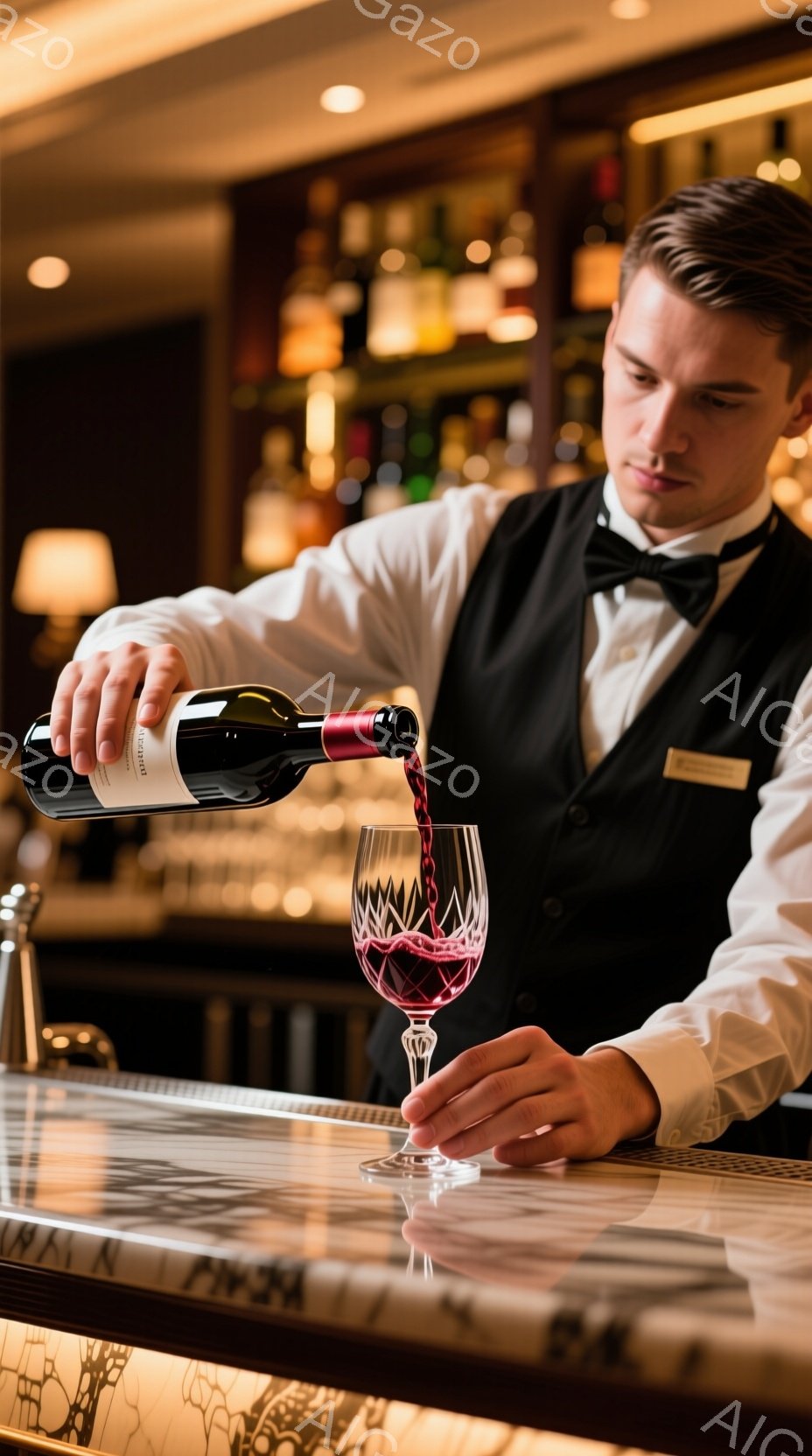 黒いベストと白いシャツ、蝶ネクタイを着用した男性がワインをグラスに注いでいる。彼の表情は真剣で、姿勢はプロフェッショナルで、ワインの注ぎ方に集中している様子が伺える。背景にはワインボトルが並んだ棚と、光沢のあるカウンターがあり、高級感のある落ち着いた雰囲気のバーカウンターである。
