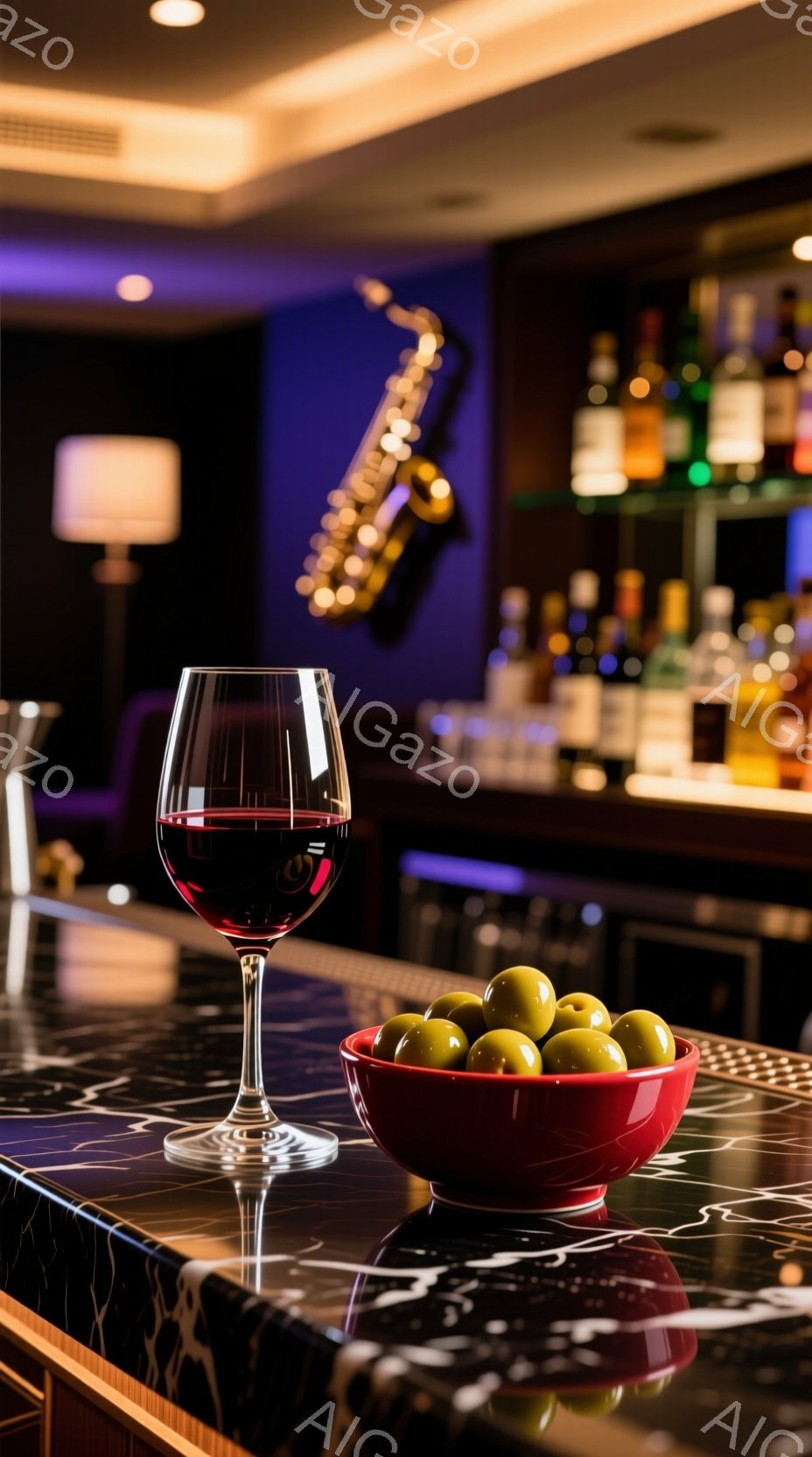 赤ワインが注がれたグラスと、緑色のオリーブが盛られた赤いボウルが、大理石風のカウンターに置かれている。背景には、様々な種類のボトルが並んだバーカウンターと、サックスが飾られた壁が見え、薄暗く落ち着いた - AI生成フリー素材