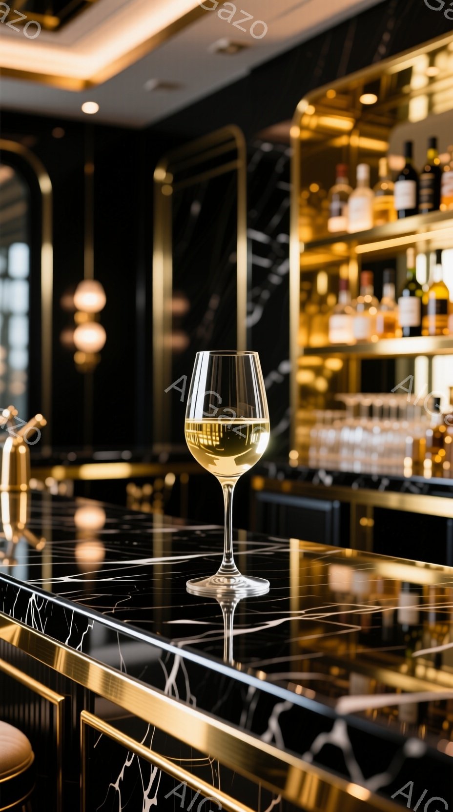 白ワインが置かれた、黒と金色の大理石調カウンターが印象的な写真です。背景には、ワインボトルが並んだ金色の棚がぼやけ、高級感のあるバーの雰囲気を醸し出しています。全体的に洗練された照明と、落ち着いた色調 - AI生成フリー素材
