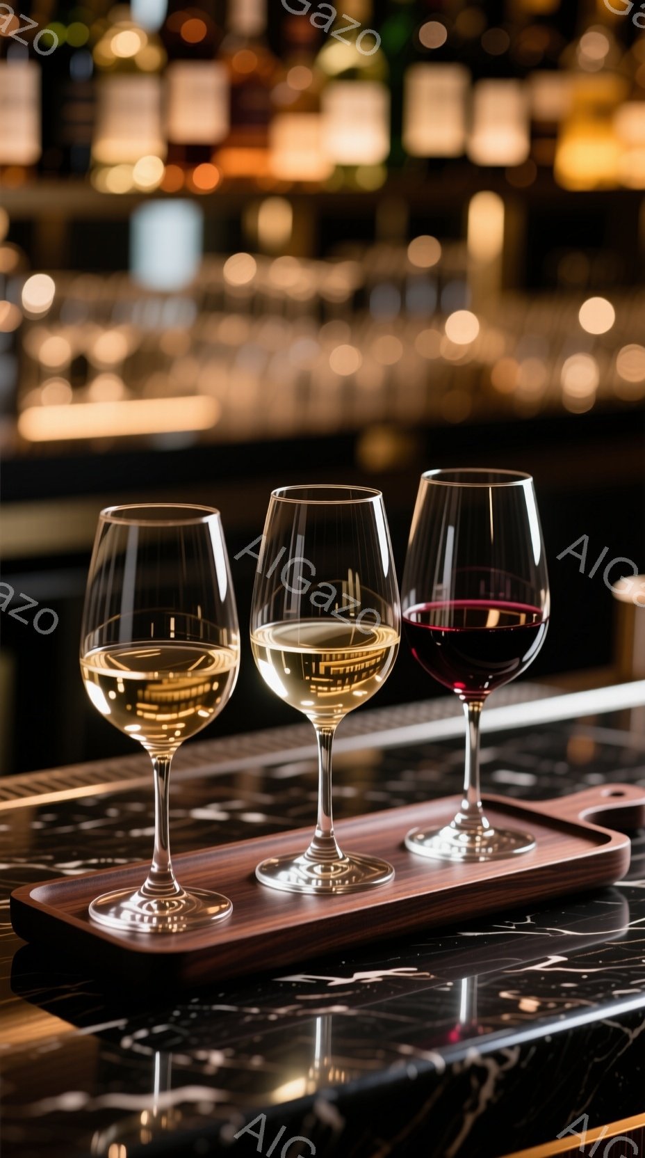 テーブルの上には、白ワイン、白ワイン、赤ワインがそれぞれ異なるグラスに注がれて並べられています。グラスは木製の板に乗っており、背景にはぼやけたバーカウンターとワインボトルが見えます。全体的に、落ち着い - AI生成フリー素材