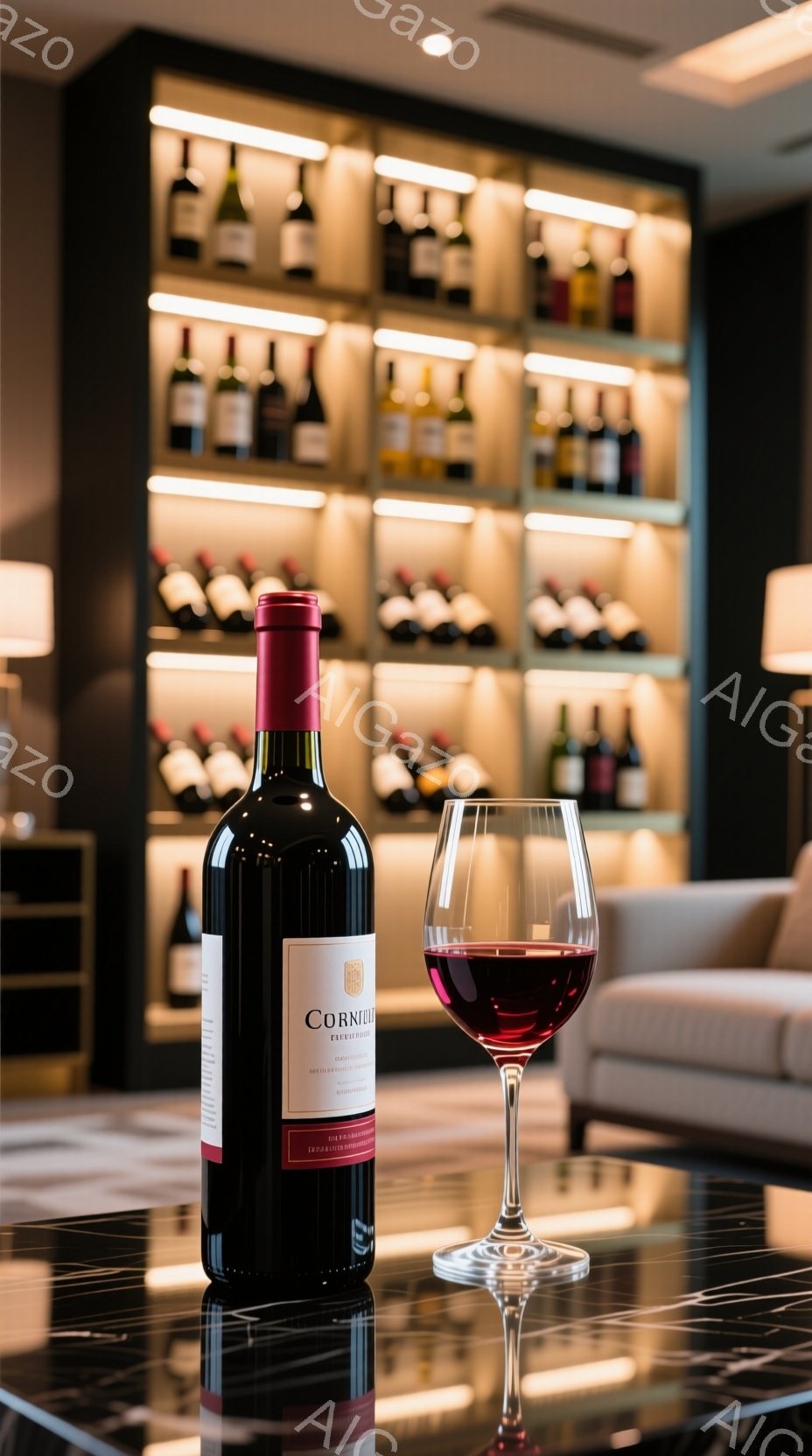 画像は、ワインボトルとワイングラスがテーブルに置かれた、落ち着いた雰囲気の室内を示している。背後にはワインボトルが並んだ棚があり、照明が暖かく、洗練された空間を演出している。ワイングラスには赤ワインが注がれており、豊かな時間を過ごすための準備が整っている様子がうかがえる。