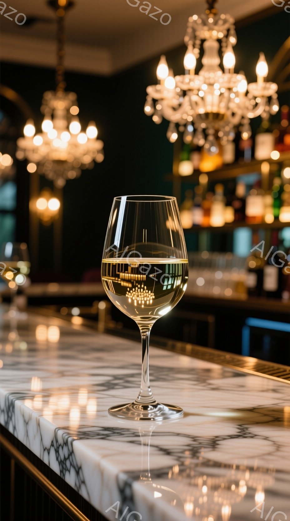 白ワイングラスが、大理石調のカウンターに置かれています。グラスの中には、背景のバーの照明が反射し、黄金色の光が揺らめいています。背景には、豪華なシャンデリアと様々な酒瓶が並び、優雅で洗練された雰囲気です。