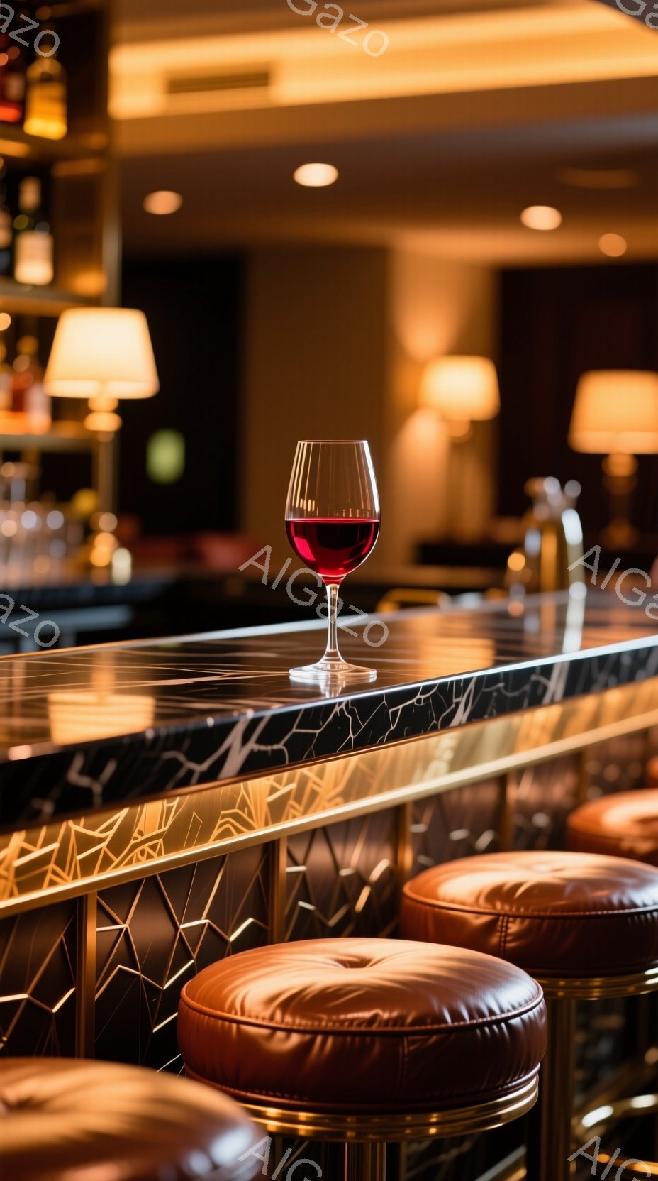 豪華なバーカウンターに赤ワイングラスが置かれている。カウンターは幾何学模様の装飾が施され、革張りのバースツールが並んでいる。背景はぼやけており、暖色系の照明が高級感を演出し、落ち着いた大人の雰囲気を醸 - AI生成フリー素材