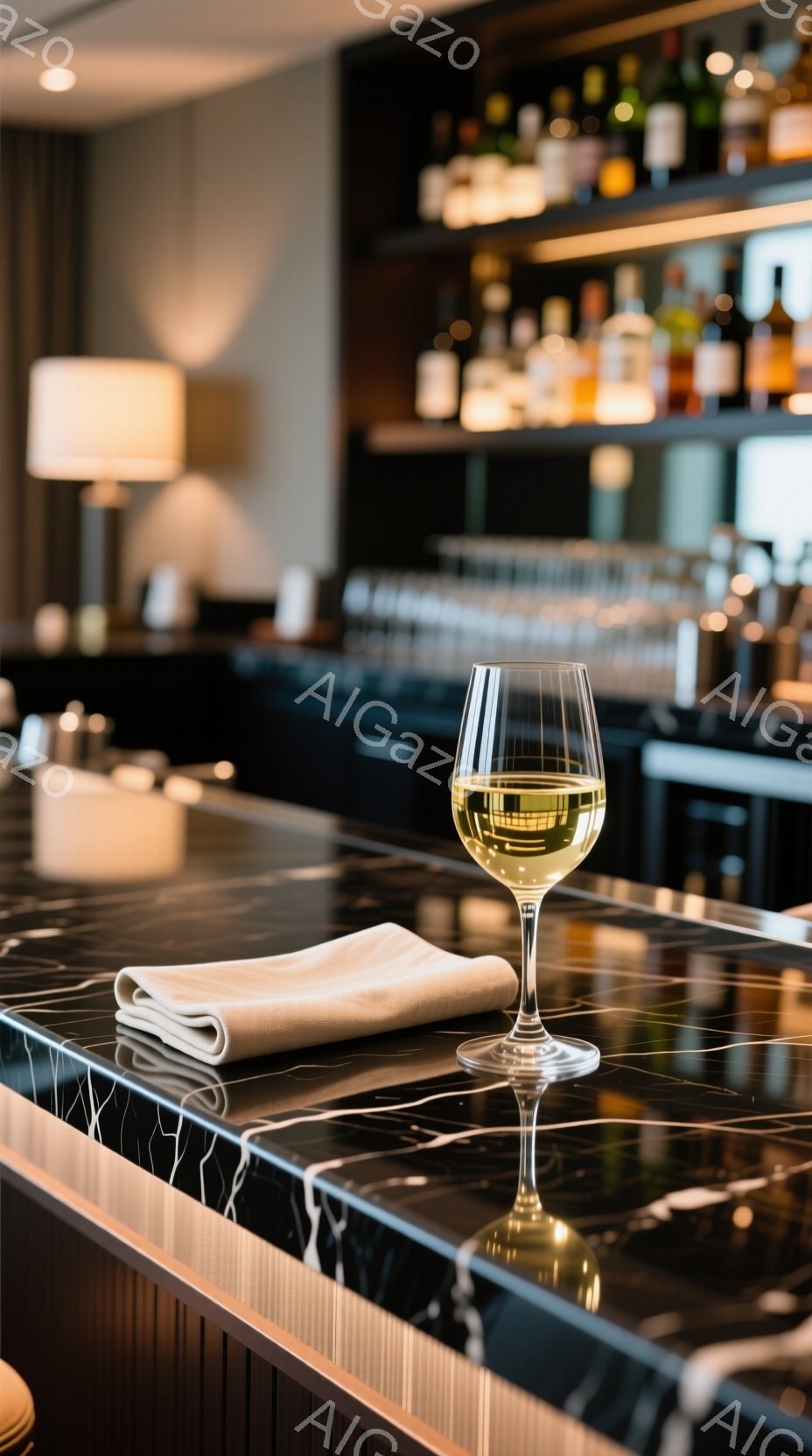 黒の大理石のカウンターの上にワイングラスと折られた白いナプキンが置かれています。グラスの中には薄い黄金色のワインが満たされており、カウンターの光沢のある表面に反射して美しい光景を作り出しています。背景には、様々な瓶が並んだバーカウンターとぼんやりとした照明が見え、洗練された大人の雰囲気を醸し出しています。