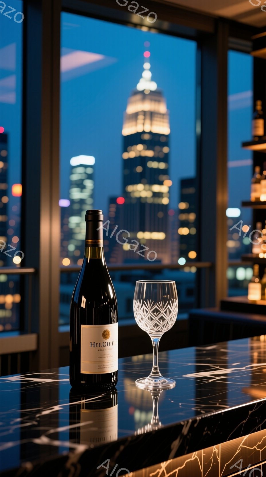 真っ暗な夜景を背景に、ワインボトルとワイングラスがカウンターに置かれている。ボトルのラベルには「HEL OUILL」と書かれており、ワイングラスは複雑な模様が入った美しいデザインである。カウンターは黒大理石のような質感で、グラスとボトルが反射して美しい光沢を放っている。