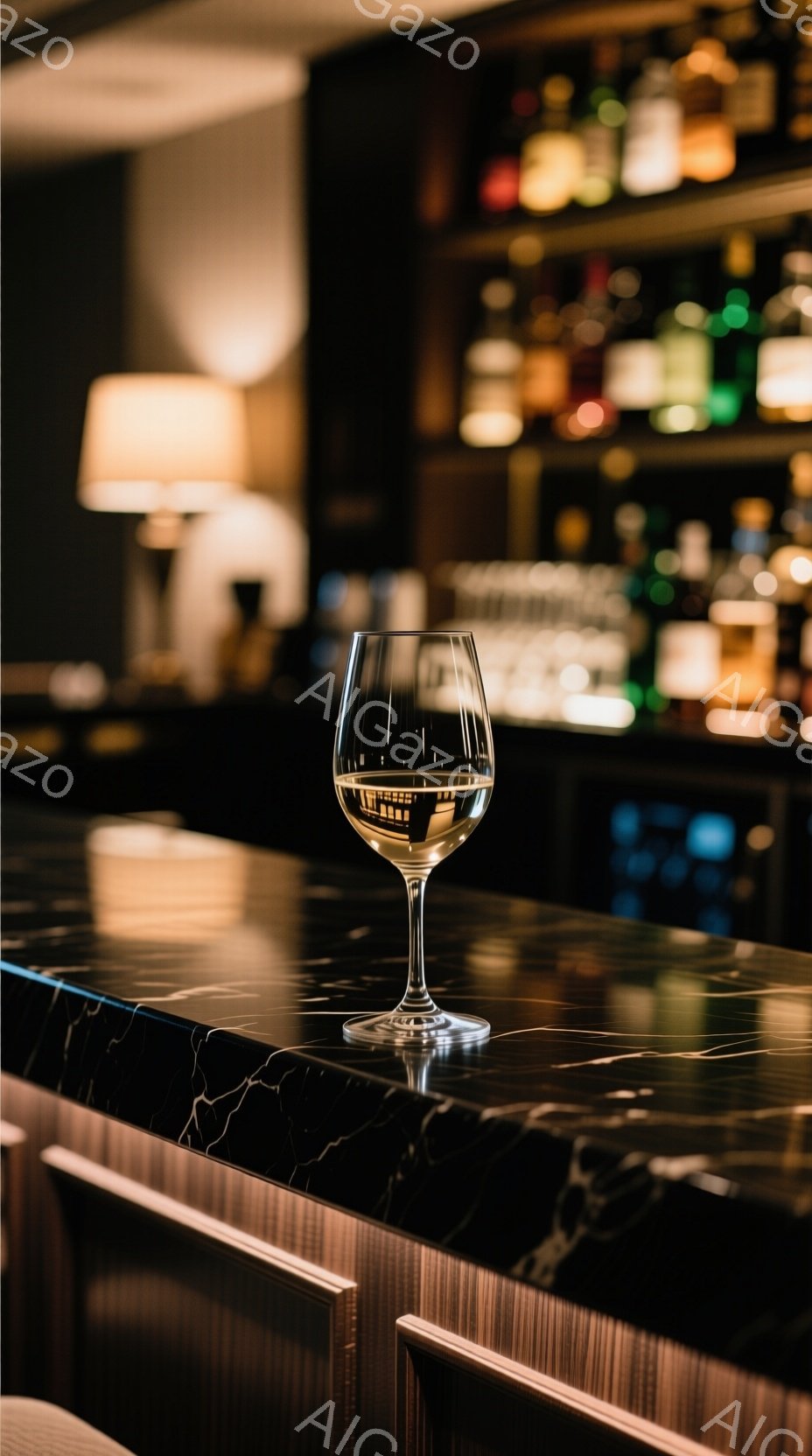 白ワインが注がれたグラスが、黒の大理石のカウンターに置かれている。背景にはぼやけたバーの棚が並び、暖色系の照明がグラスとカウンターを照らし出している。全体的に落ち着いた雰囲気で、洗練されたバーの空間を - AI生成フリー素材