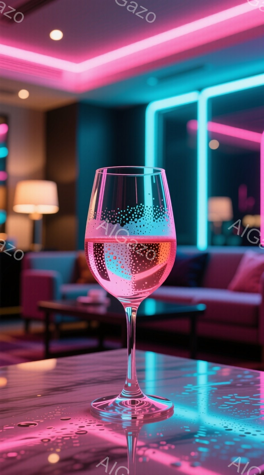 光り輝くピンク色のシャンパンが、近代的なバーのテーブルに置かれている。背景には、青とピンクのネオンライトが流れるようなラインを描き、落ち着いたバーの雰囲気を醸し出している。テーブルの表面には光の反射が映り込み、さらに洗練された雰囲気を演出している。