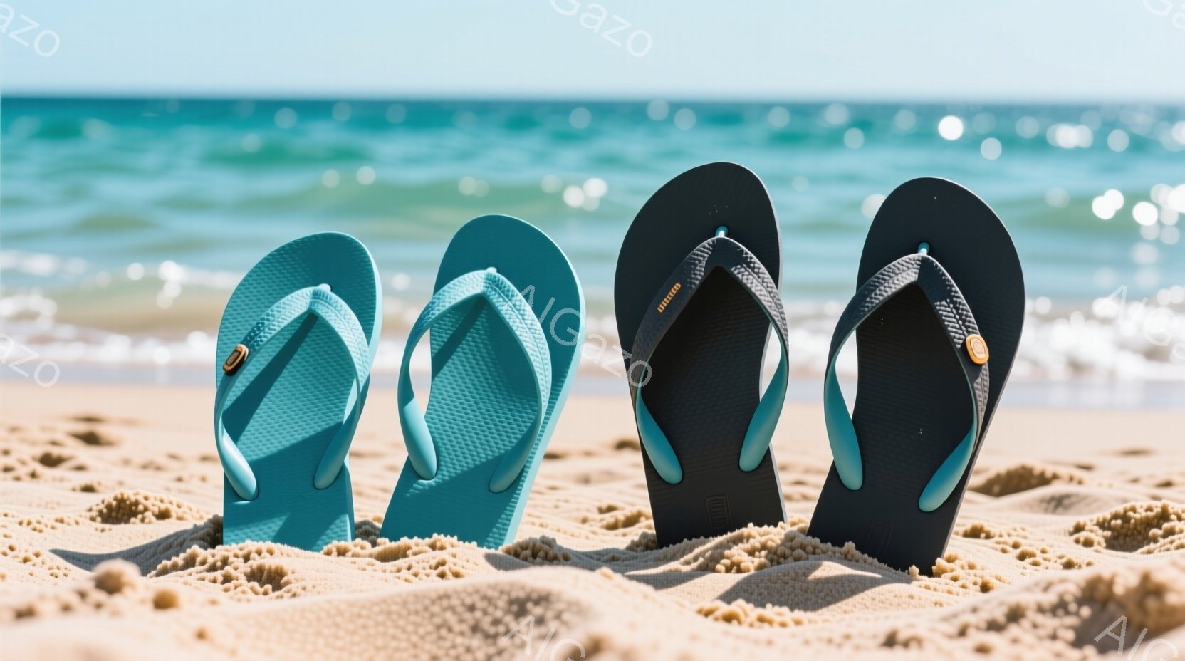 砂浜に青色と黒色のビーチサンダルが並んで置かれています。背景には穏やかな青い海と白い波が見え、晴れた日のリラックスした雰囲気を醸し出しています。太陽の光が砂とサンダルを照らし、夏の日の穏やかさを感じさせます。