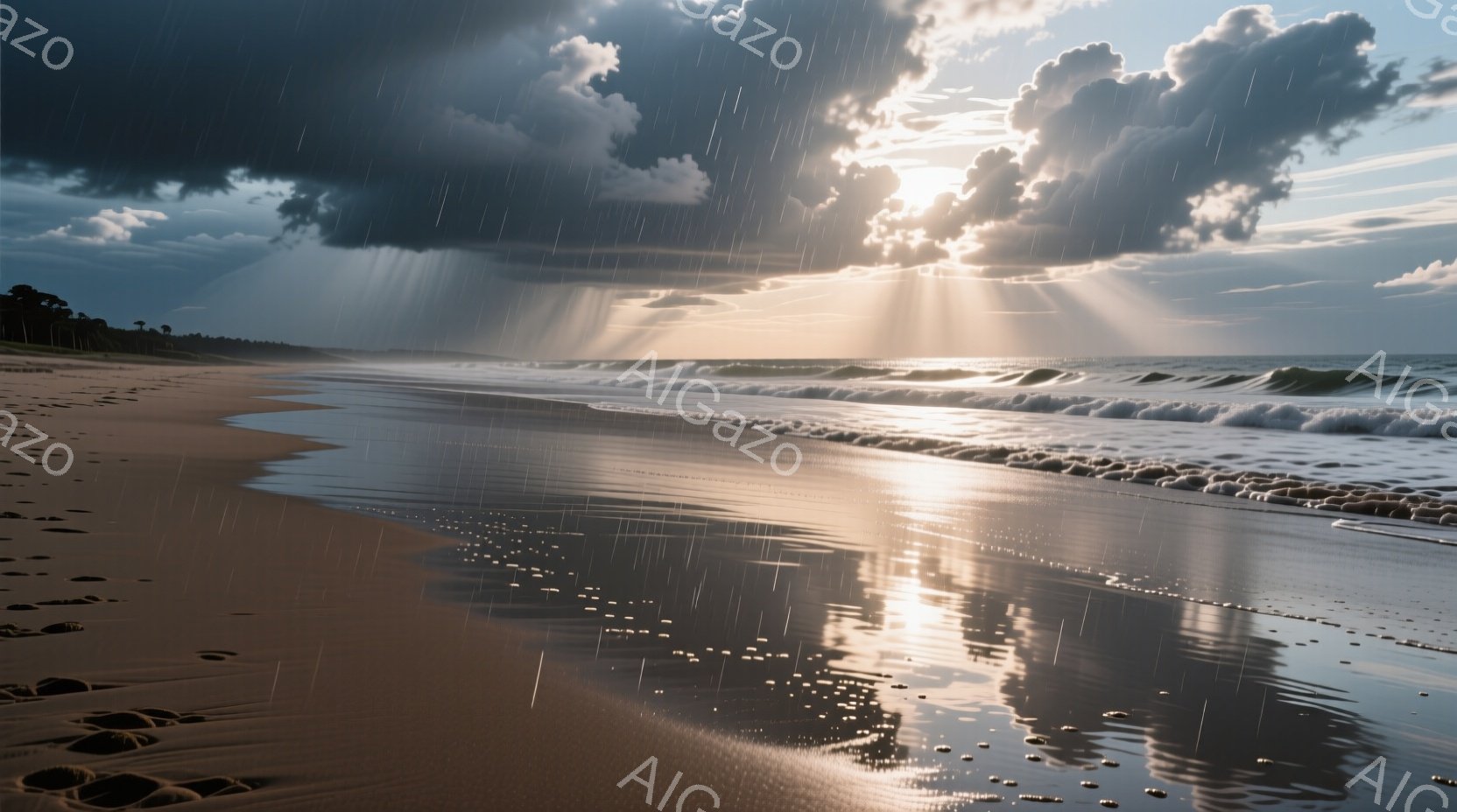 砂浜に波が打ち寄せ、雨が強く降り注いでいます。暗い雲の間から差し込む光線が、濡れた砂浜と波面に美しい反射を作り出し、ドラマチックな光景を生み出しています。遠くには緑の木々が見え、荒々しい自然の美しさを強調しています。