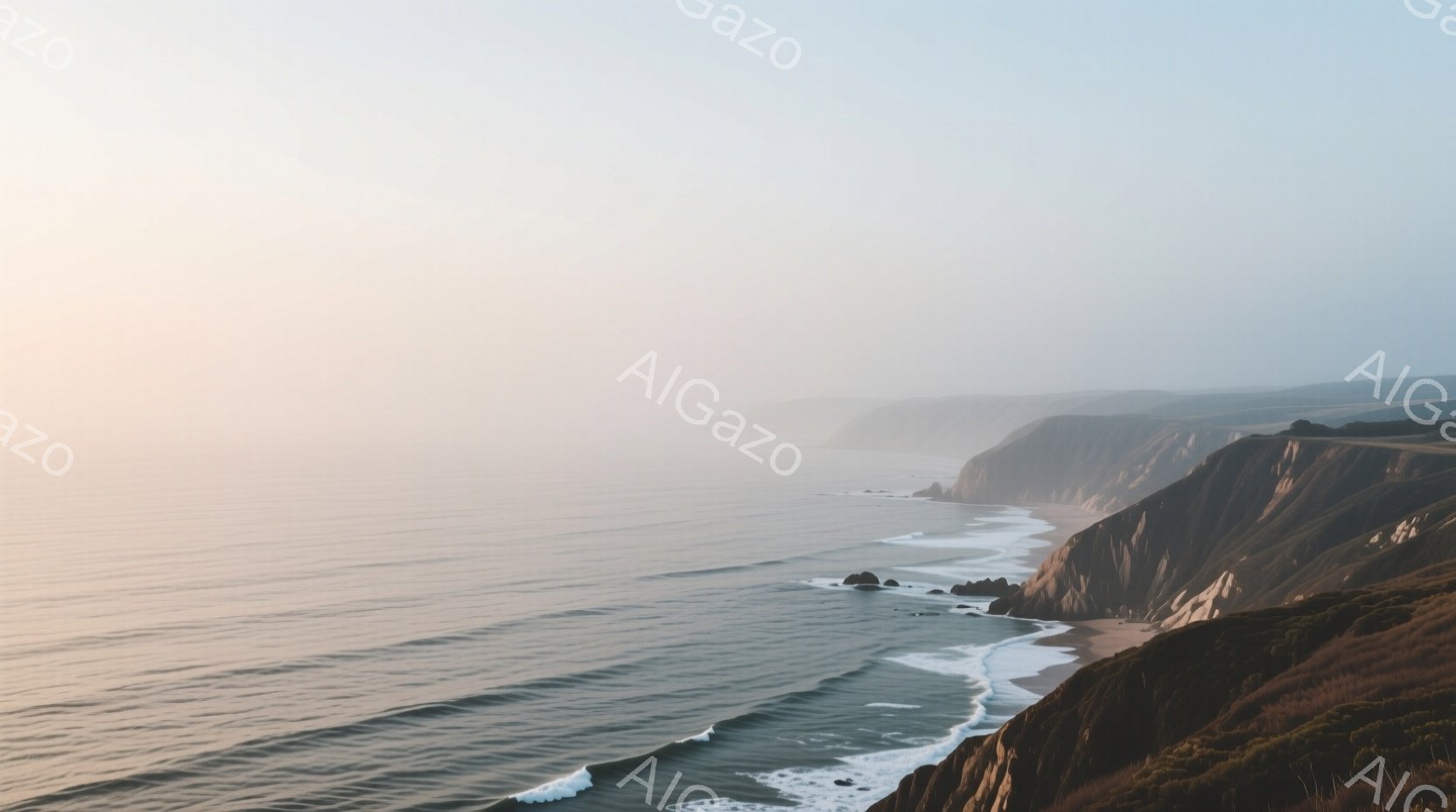 荒々しい岩だらけの海岸線が広がり、打ち寄せる波が白い泡を立てています。海岸は茶色や緑の崖に囲まれ、遠くの水平線は霞んで薄いオレンジ色と青色が混ざり合っています。全体的に穏やかで神秘的な雰囲気が漂い、静寂と自然の力強さが感じられます。