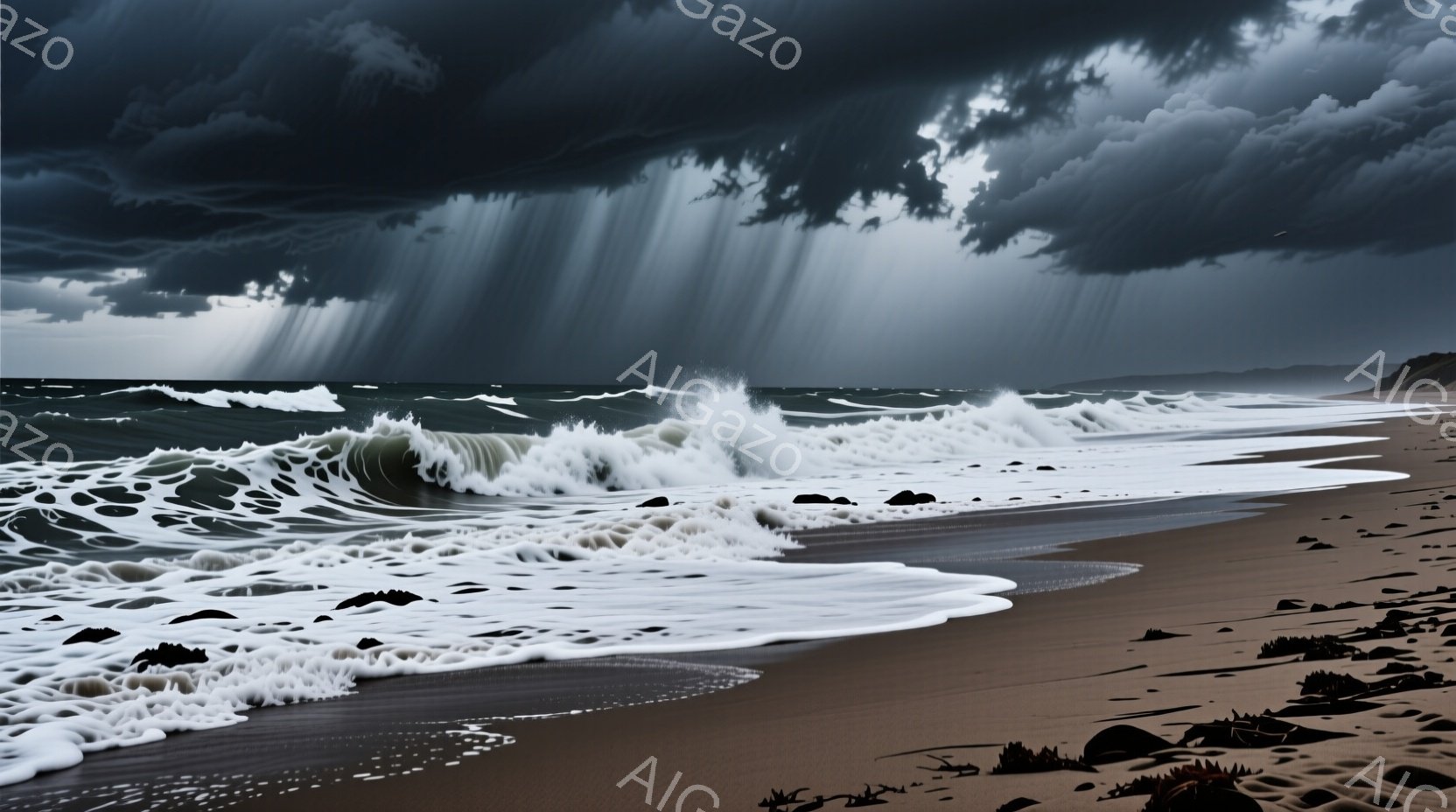 荒々しい波が砂浜に打ち寄せている様子が描かれています。暗く重い雲が空を覆い、強い光線が雲間から差し込み、ドラマチックな雰囲気を醸し出しています。波は白く泡立ち、砂浜には海藻や貝殻が散らばっており、自然の力強さと静けさが共存する光景です。