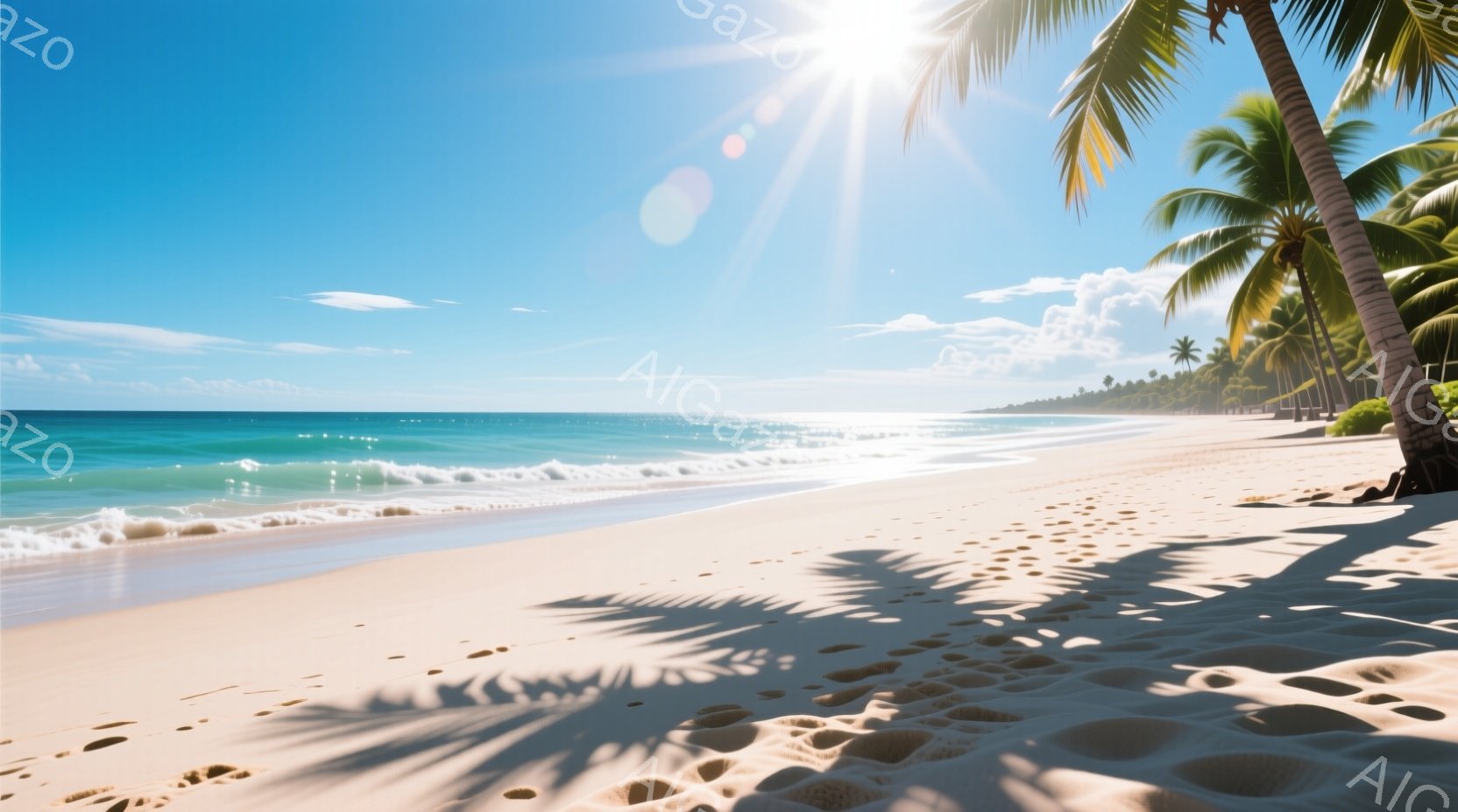 白砂のビーチが広がり、ターコイズブルーの海が穏やかに波打っている。ヤシの木が影を落とし、太陽光が強く差し込み、夏の楽園のような雰囲気を醸し出している。背景には遠く緑豊かな植生が見え、晴天の空と白い雲が広がり、のどかで穏やかな情景が広がっている。