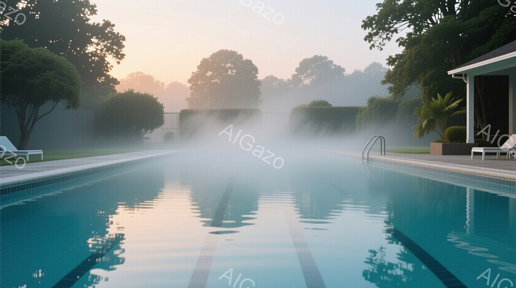 水泳プールの水面は穏やかで、朝の霧が立ち込めて幻想的な雰囲気を醸し出しています。プールの周りには整然と手入れされた緑が生い茂り、背景には緑豊かな木々が見えます。白く清潔なラウンジチェアがプールサイドに置かれ、静かで平和な朝の光景が広がっています。
