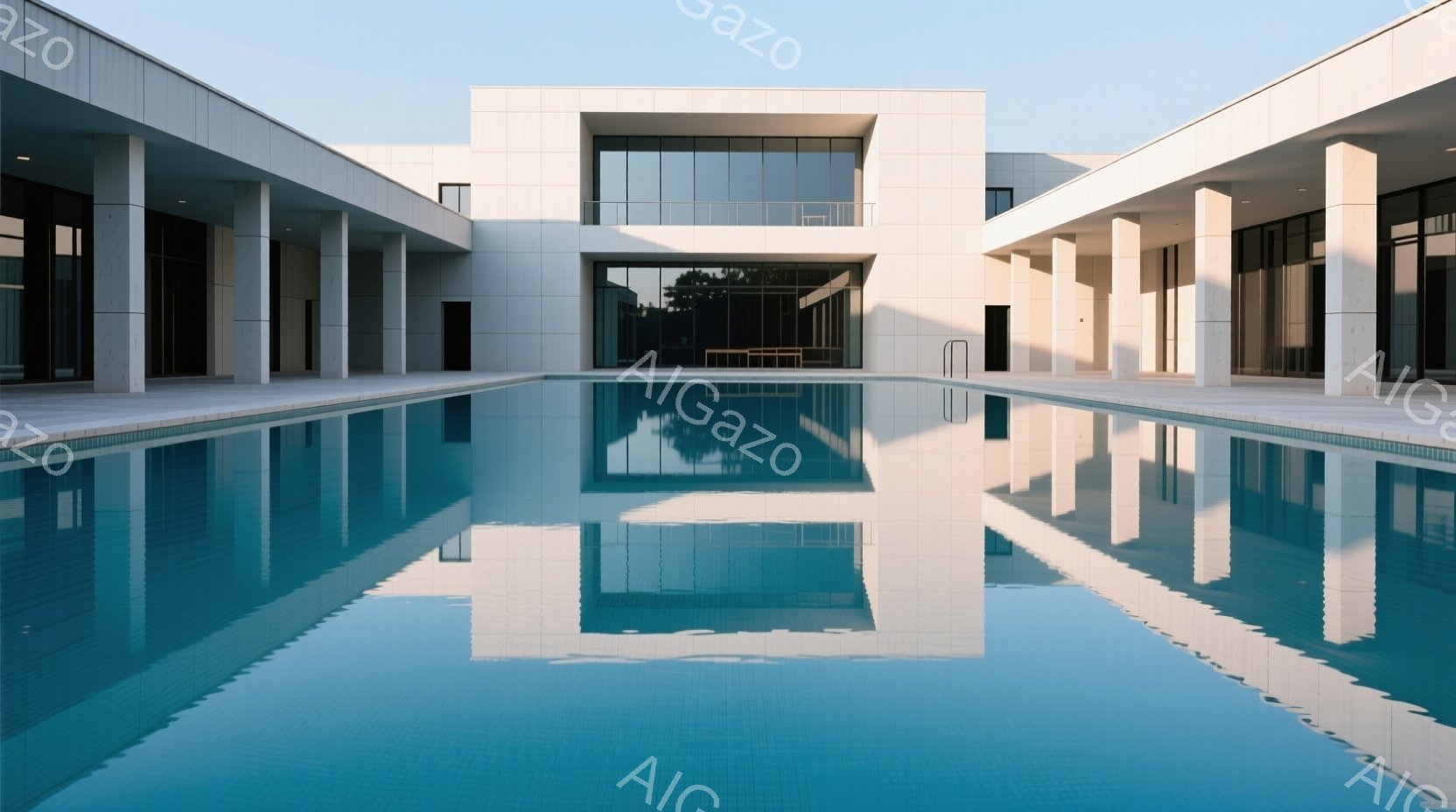 静かな青いプールの水面が、白いモダンな建物の完璧な反射を作り出している。建物は大きな窓と柱が特徴で、背景には緑豊かな木々が見える。全体的に穏やかで、ミニマリスト的で洗練された雰囲気が漂っている。