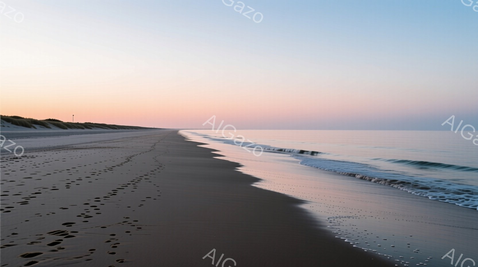 広大な砂浜が広がり、穏やかな波が打ち寄せている様子が捉えられています。空は薄いピンク色から青色へとグラデーションを描き、日の出または日没の時間帯を示唆しています。砂浜には足跡が点々と続き、静かで穏やかな雰囲気を醸し出しています。