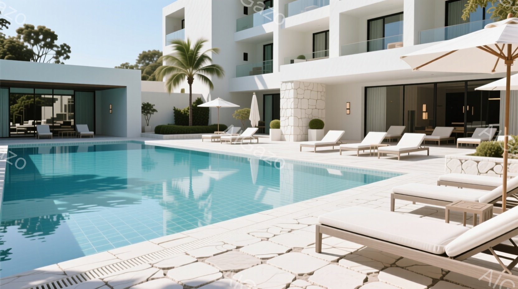 広々とした青いプールが、白いタイル張りのデッキに囲まれている風景です。背景にはモダンな白い建物と緑豊かな植物が見え、晴天の下、リゾートのような落ち着いた雰囲気が漂っています。プールサイドには白いラウンジチェアが並べられ、ゆったりとくつろげる空間が演出されています。