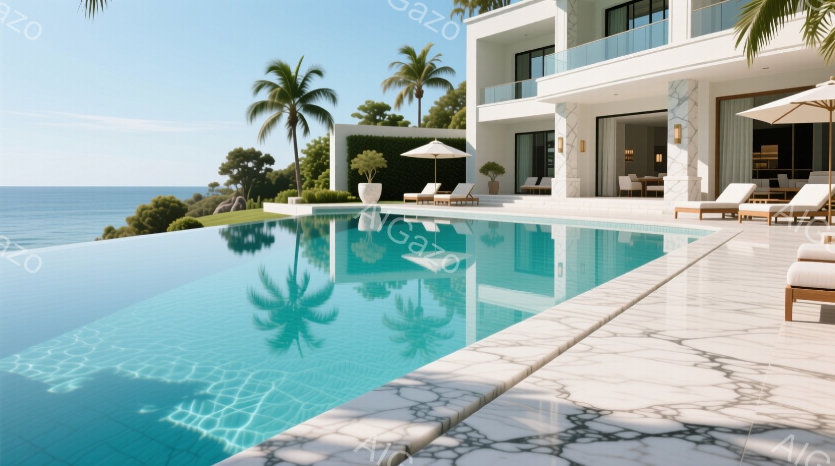広大な青いプールが、白くモダンな邸宅の前に広がり、その水面にはヤシの木と青空が映り込んでいる。 プールの周りのタイルは、大理石のような模様で、高級感を醸し出している。邸宅は、洗練されたデザインで、背景には青い海と緑豊かな自然が広がり、穏やかでリラックスした雰囲気を伝えている。
