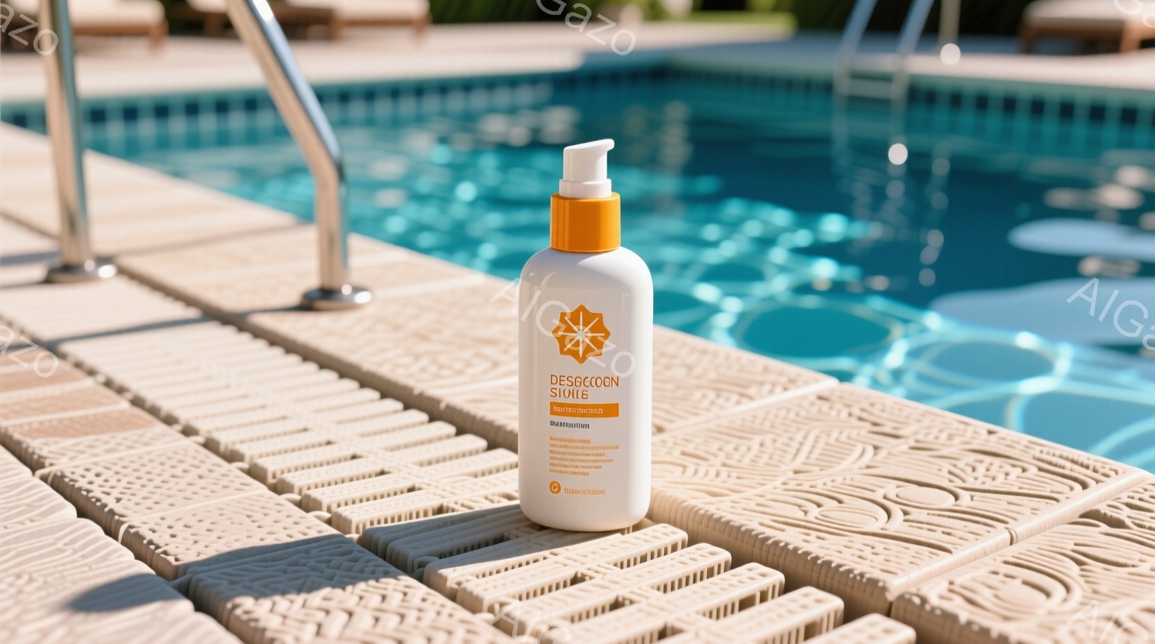 プールサイドの木製デッキに、オレンジ色のラベルと白いボトルが置かれています。背景には、ターコイズブルーの水面と、ぼやけた緑の植物が見え、晴れた日のリラックスした雰囲気を醸し出しています。ボトルには「DESCOOON SIOLE」と書かれており、日焼け止めやスキンケア製品である可能性を示唆しています。