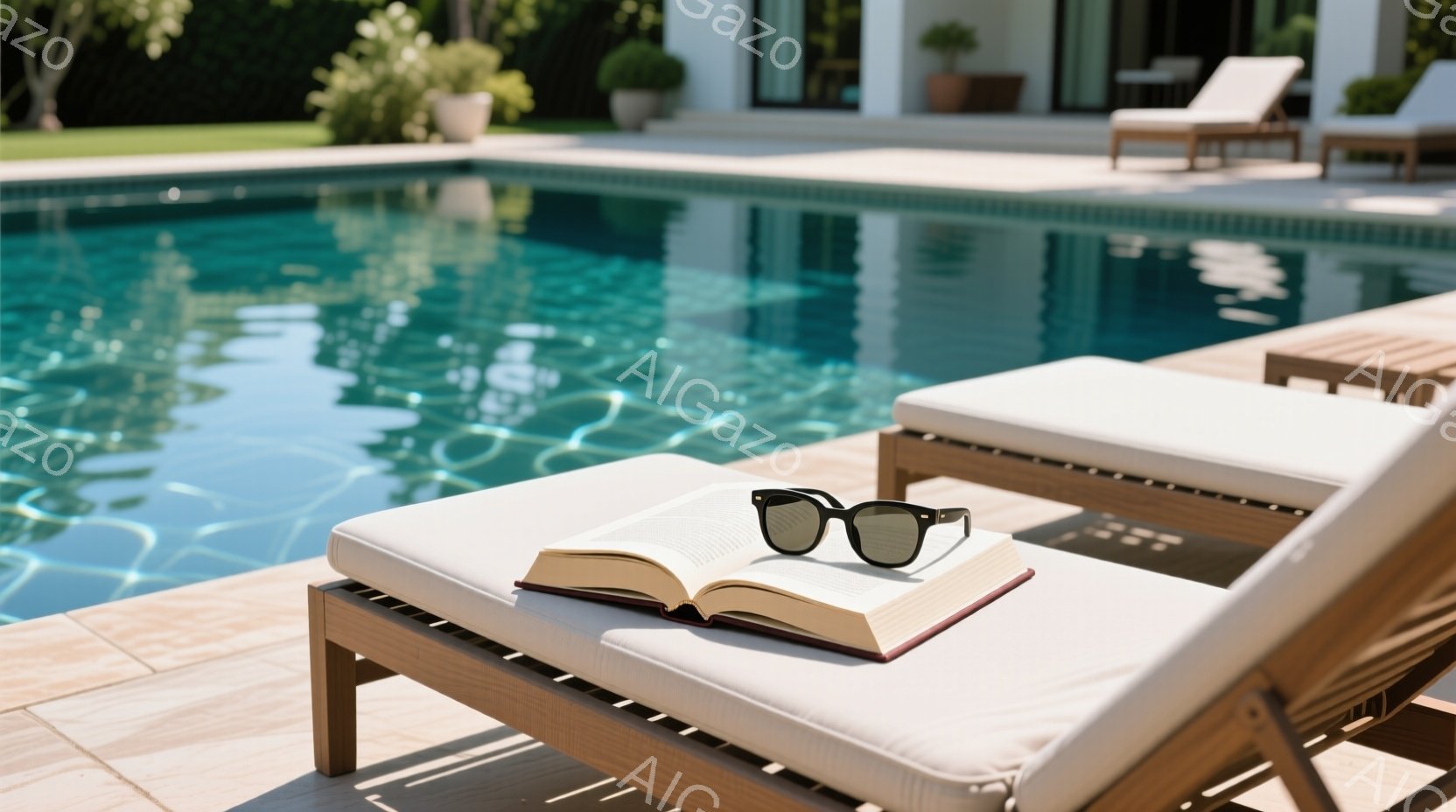 プールサイドのラウンジチェアに、開かれた本とサングラスが置かれている。背景には青く澄んだプールと緑豊かな庭園、そしてモダンな建物が見え、晴天で穏やかな夏の日の雰囲気が漂っている。全体的にリラックスした、贅沢な時間を過ごせるような静かで平和な情景が描かれている。