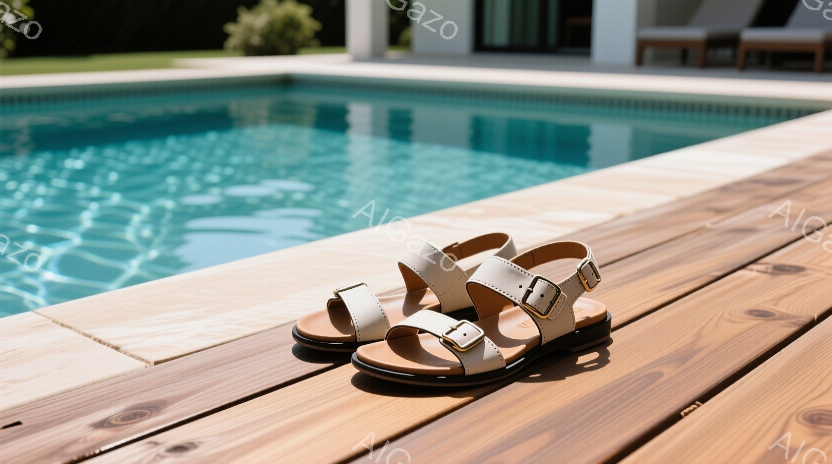 プールの縁に白いサンダルが一足置かれています。サンダルはストラップ付きで、底にはクリーム色のアクセントがあります。背景には青いプールと緑豊かな植物、そして白い建物が見え、晴れた日のリラックスした雰囲気を醸し出しています。