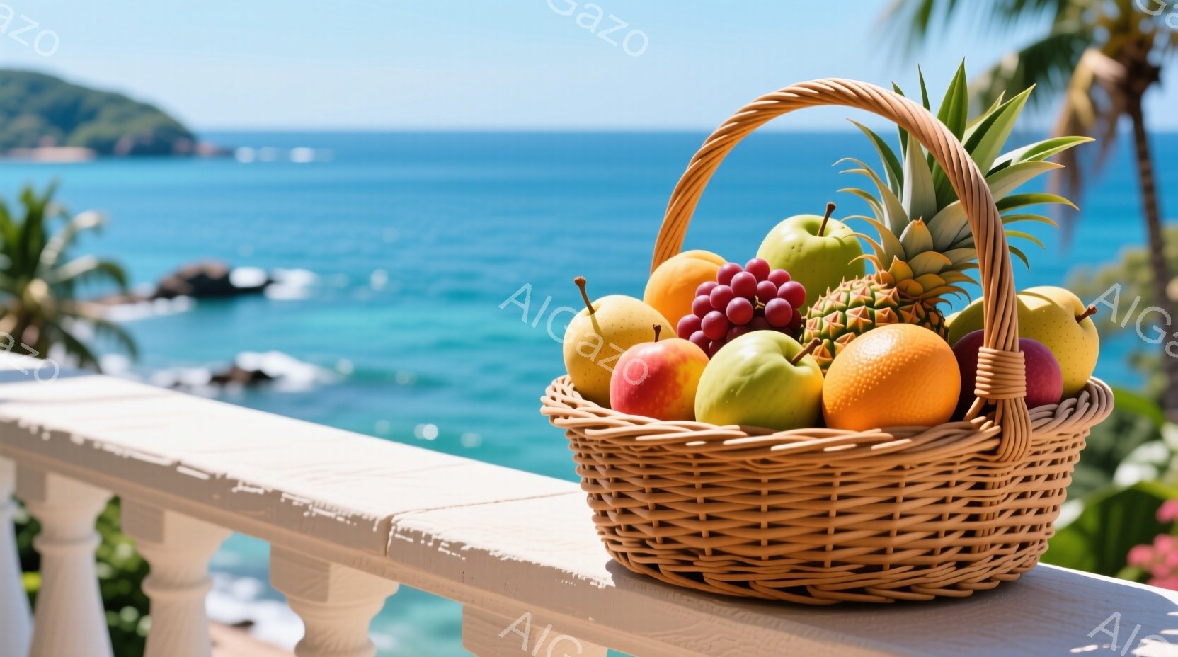 籐編みのバスケットが、白い手すりの上に置かれ、様々な果物で満たされている。背景には、青い海と緑の木々が見え、晴れた日の穏やかな雰囲気が漂っている。果物はパイナップル、ぶどう、リンゴ、オレンジなど、カラフルで食欲をそそる。