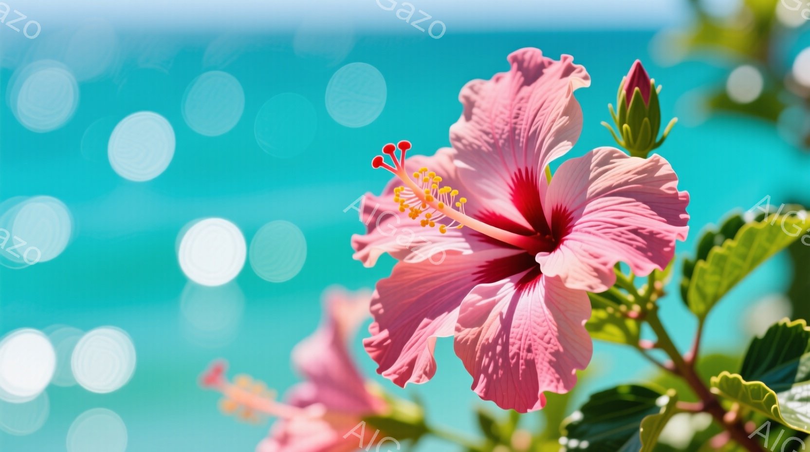 鮮やかなピンク色のハイビスカスが咲き誇り、中央には黄色い雄しべが際立っている。背景はぼやけた明るい青色で、太陽光が水面に反射しているような、まばゆい光が感じられる。緑の葉が花を囲み、トロピカルな雰囲気で、夏の太陽の下でリラックスした気分を誘う。