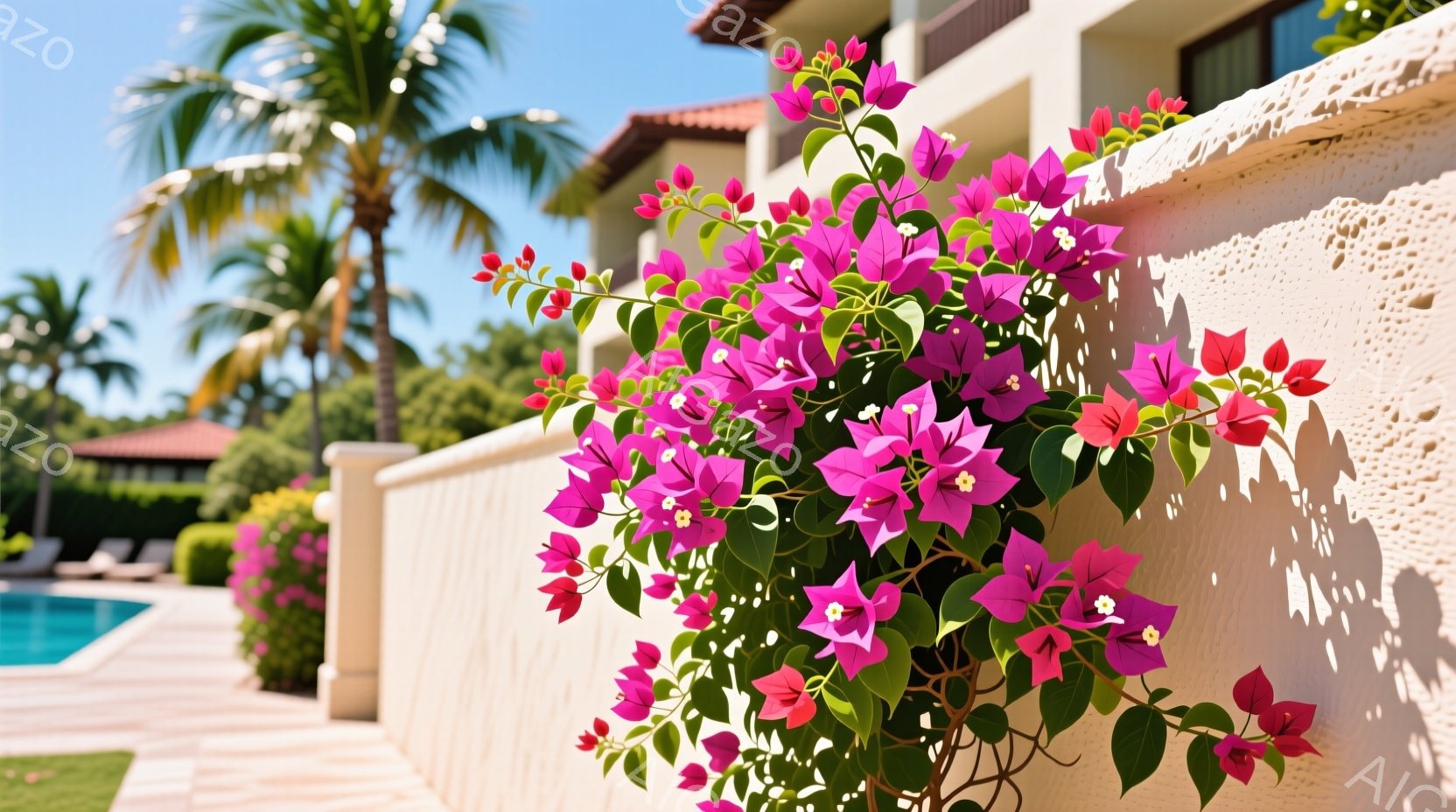 鮮やかなピンクと白のブーゲンビリアが、クリーム色の壁に絡みつき、太陽の光を浴びています。背景には青いプールと、緑豊かなヤシの木々が見え、晴れた日のリゾート地の穏やかな雰囲気を醸し出しています。壁の影がブーゲンビリアの花びらに落ち、奥行きと立体感を強調しています。