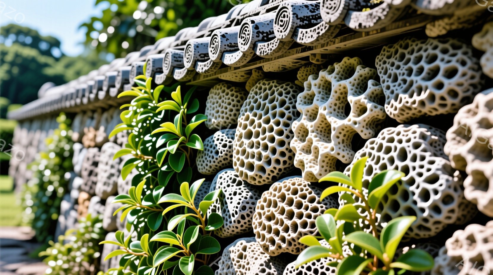 石造りの壁が写真の中心に捉えられており、壁は独特の円形の穴あきブロックで構成されています。緑の葉が壁のそばに生い茂り、背景には緑豊かな芝生と木々が広がり、晴れた日の穏やかな自然の雰囲気が感じられます。壁の上部には伝統的な瓦屋根のような装飾が施されており、全体として趣のある風景を作り出しています。