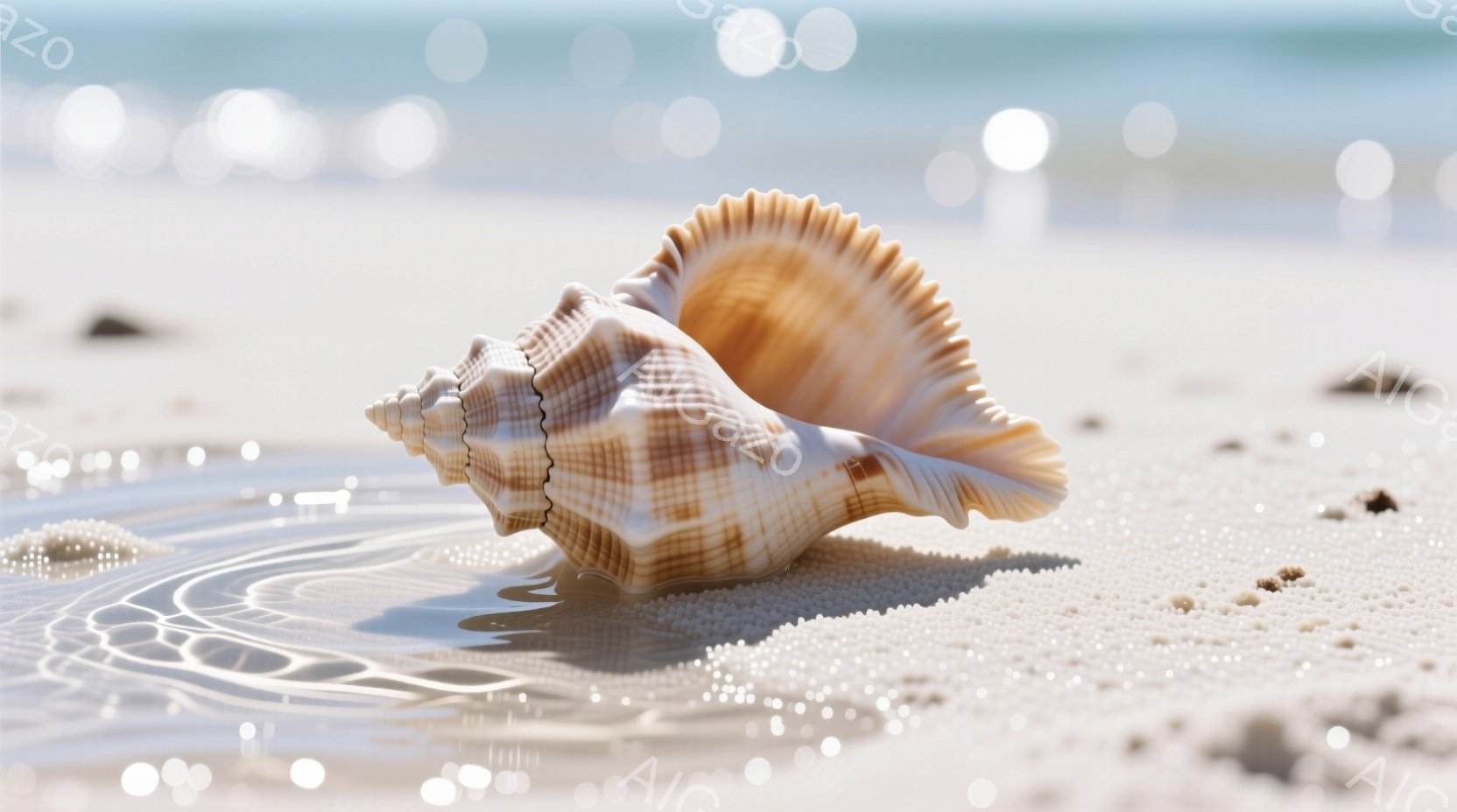 砂浜に置かれた巻貝が、水溜まりに映る自身の姿を映し出しています。貝殻は白と茶色の縞模様で、太陽光に照らされて柔らかい光沢を放っています。背景にはぼやけた砂浜と海が見え、穏やかで静寂な夏の日の雰囲気が漂っています。