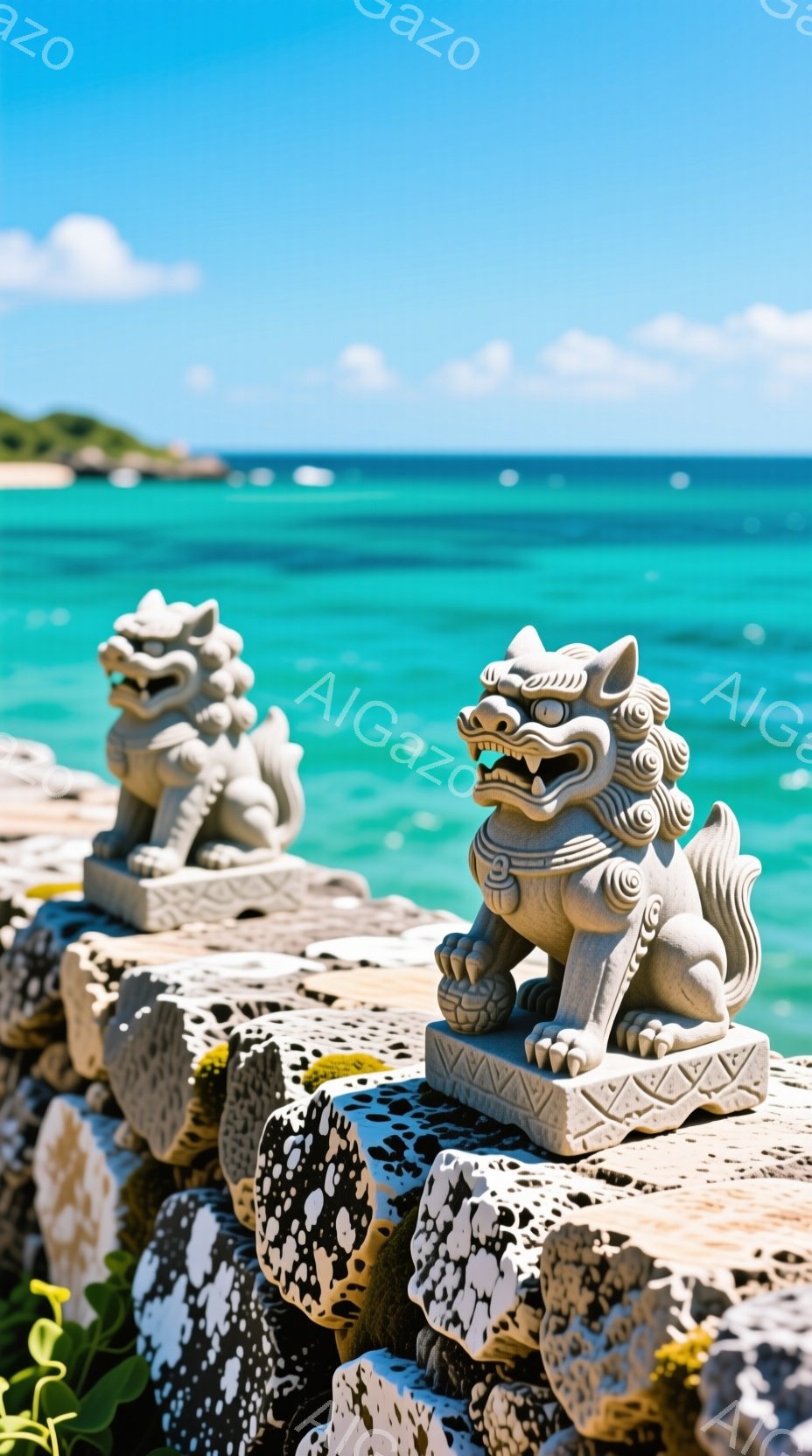石造りの獅子像が、白い岩の塀の上にとまるように配置されている。背景には、ターコイズブルーの海と白い砂浜が広がり、晴天の下で穏やかな雰囲気を醸し出している。緑色の植物が塀のそばに生えており、自然と人工物の調和が感じられる。
