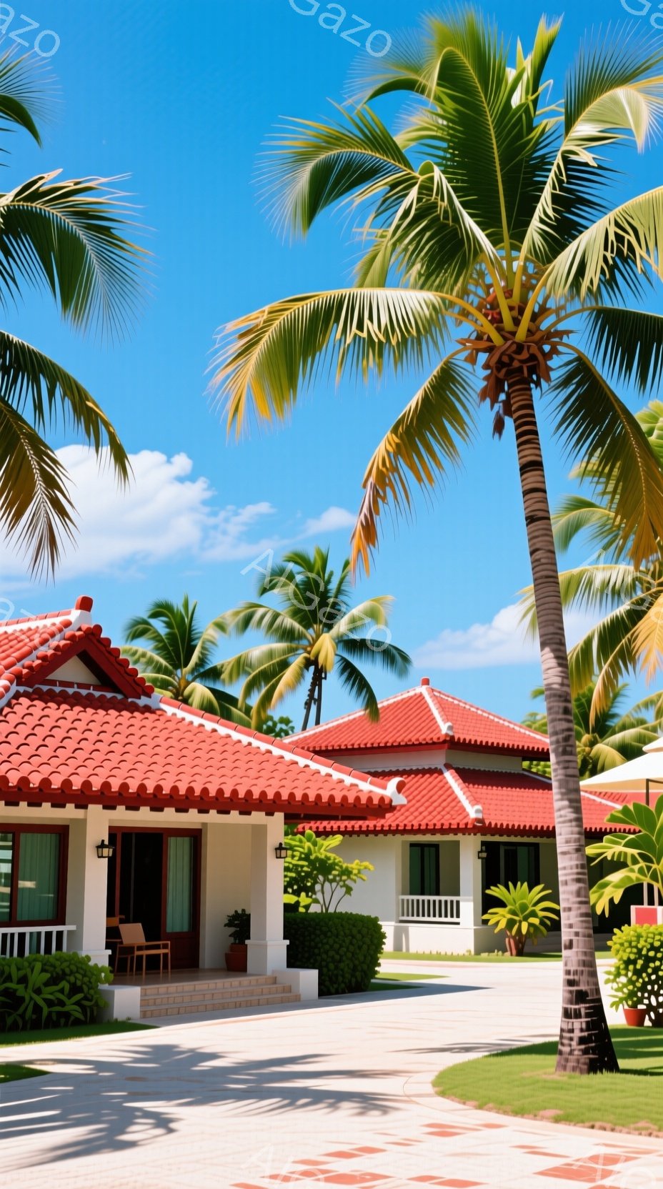 赤い瓦屋根の、白い壁の一階建ての建物が並び、熱帯の風景が広がっています。ヤシの木が青空を背景に高くそびえ立ち、緑豊かな芝生と手入れされた生垣が建物を縁取っています。晴れた日差しの中で、リゾート地のような穏やかで優雅な雰囲気が漂っています。