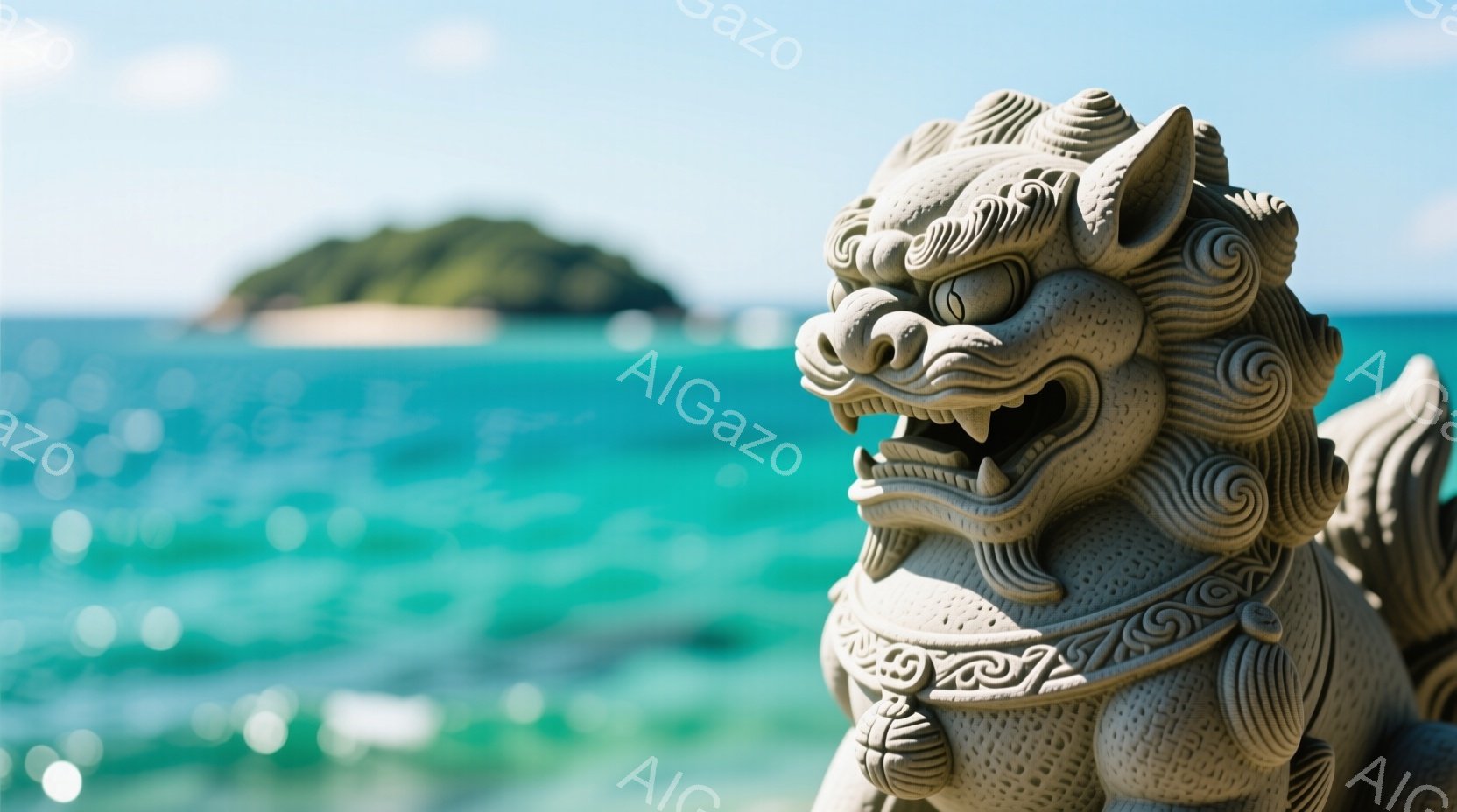 石製の獅子像が、ターコイズブルーの海と緑豊かな島々を背景に配置されている。獅子は少し笑みを浮かべ、精巧な模様が彫刻されており、力強さと威厳を感じさせる。晴天の下、穏やかな波が打ち寄せ、リゾート地の静かで平和な雰囲気を醸し出している。