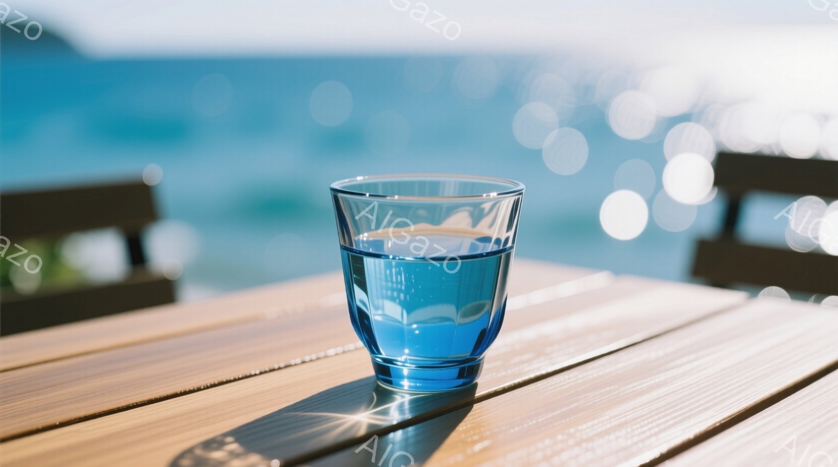 太陽の光が差し込む木製のテーブルの上に、水が入った透明なグラスが置かれている。背景には、ぼやけた青い海と、木製の椅子が見え、晴れた日のリラックスした雰囲気が漂っている。影がグラスの周りに落ち、夏の日の静けさを強調している。