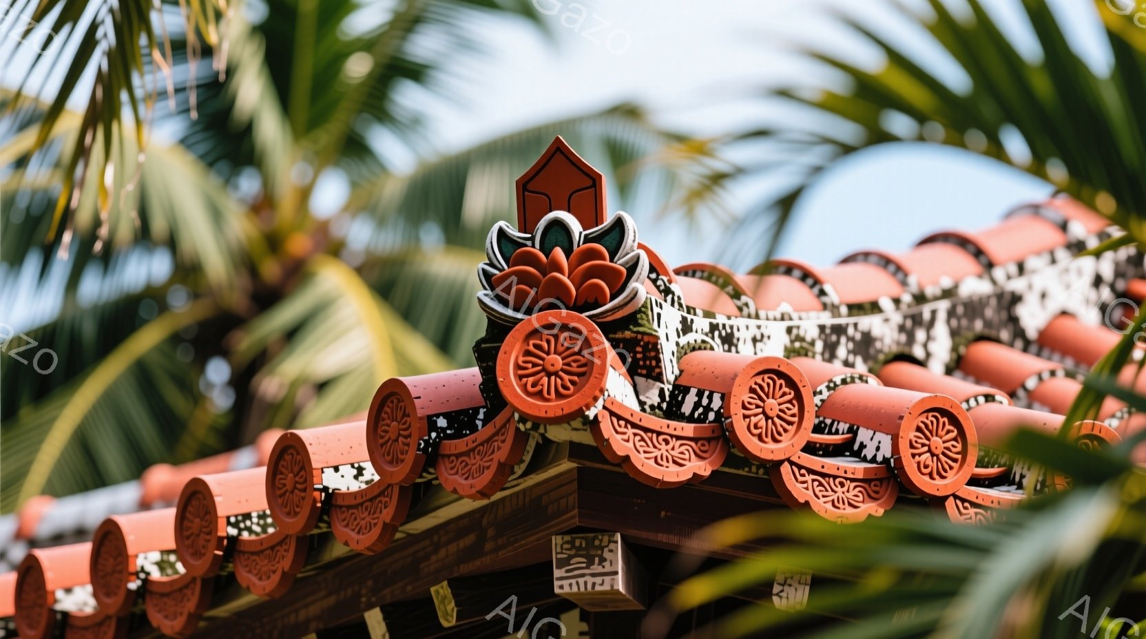 瓦屋根の端部がクローズアップで捉えられており、複雑な装飾が施された鬼瓦が印象的です。オレンジ色の瓦が規則的に並び、その上に緑色の植物が茂る様子が、日本の伝統的な建築美と自然の調和を示しています。晴天のもと、鮮やかな色彩と精巧なデザインが、静かで穏やかな雰囲気を醸し出しています。