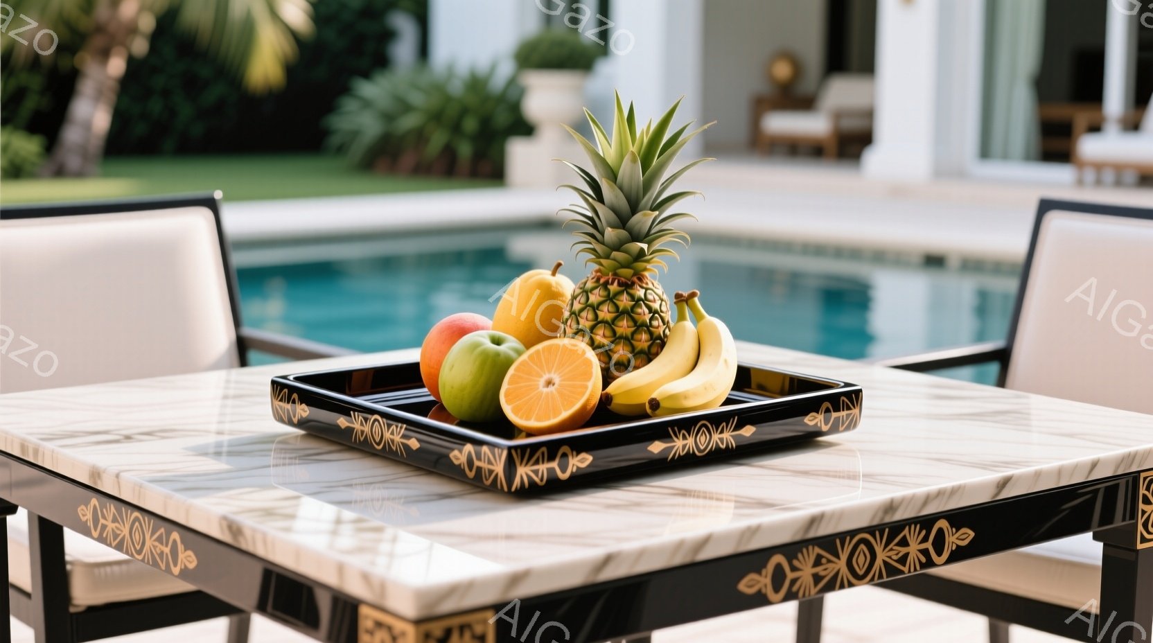 黒い縁取りのある白い大理石のテーブルの上に、パイナップル、リンゴ、オレンジ、バナナが並べられた黒いトレイが置かれている。背景にはプールと緑豊かな植物が見え、晴れた日差しが差し込んでいる。全体的に、リラックスした贅沢な雰囲気を感じさせる画像である。
