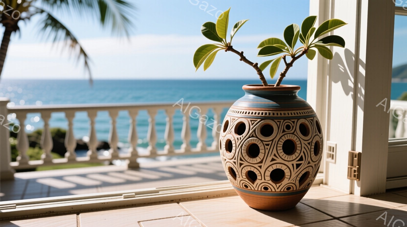 バルコニーに置かれた装飾的な陶器の壺が印象的な写真です。壺は茶色と青の幾何学模様で飾られ、緑の葉の植物が生えています。背景には、ターコイズブルーの海と白い波が広がり、明るい日差しが差し込んでリラックスした雰囲気を醸し出しています。